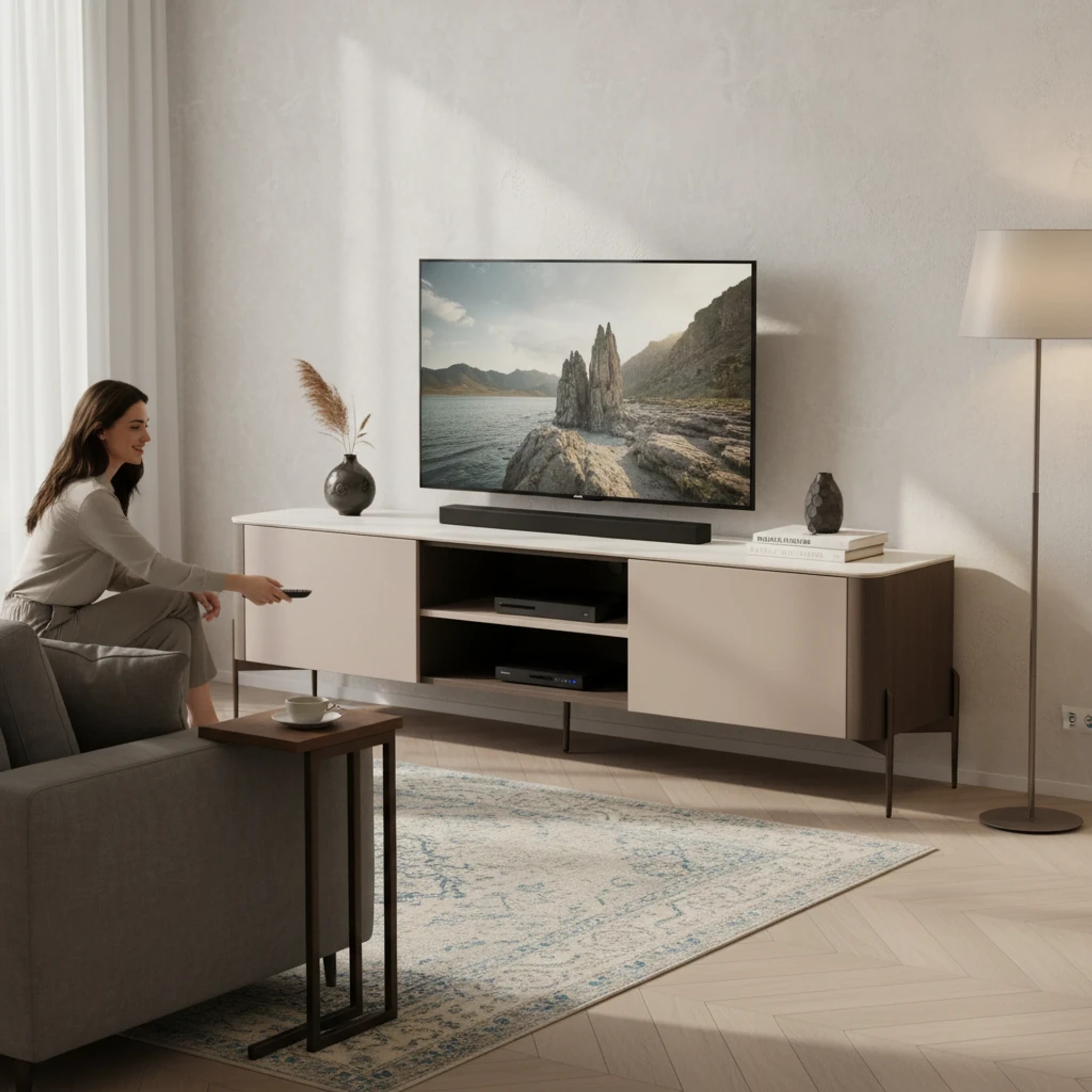 Bronte TV Stand in Grey – front product view