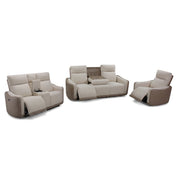 Alambra 3 Piece 5 Action Recliner Lounge Suite in beige and light brown, featuring two sofas with consoles and a single