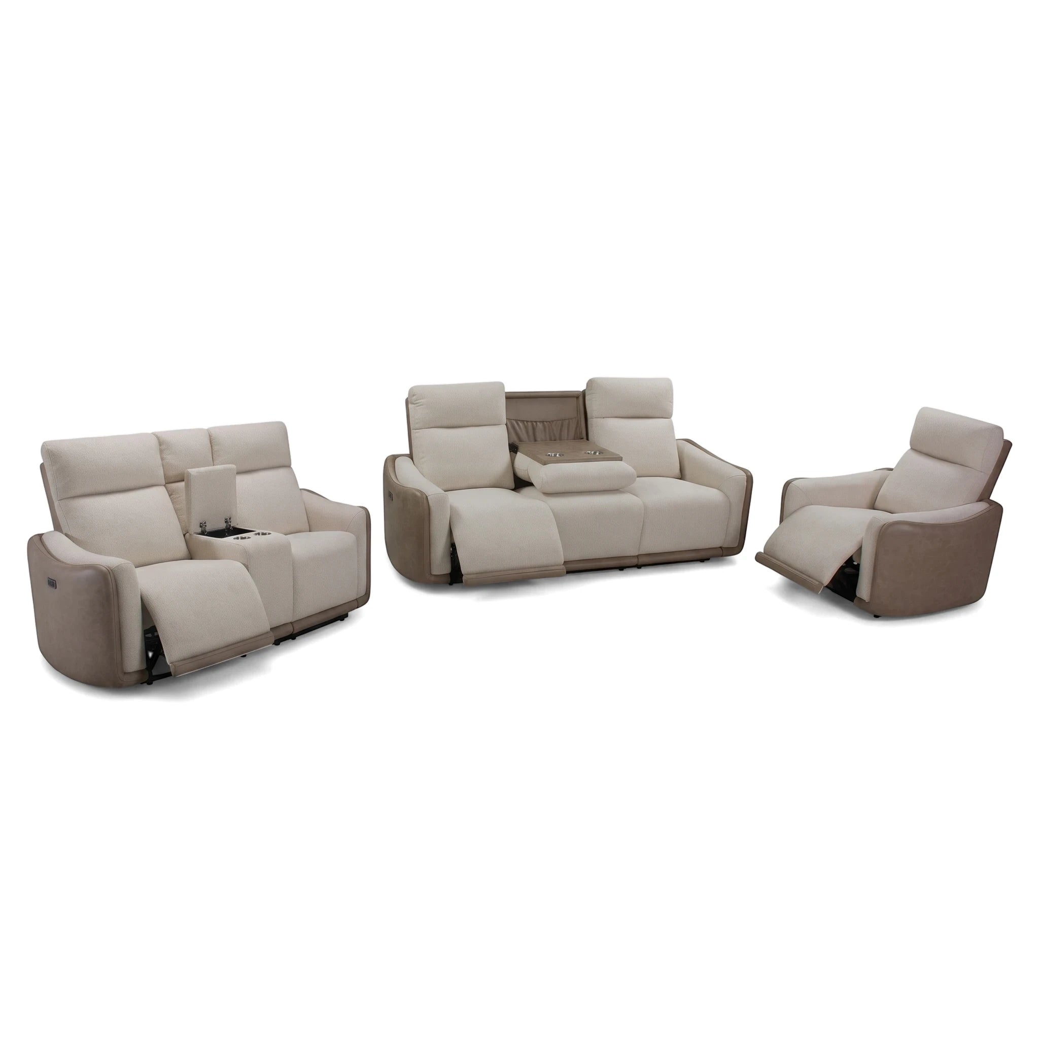 Alambra 3 Piece 5 Action Recliner Lounge Suite in beige and light brown, featuring two sofas with consoles and a single