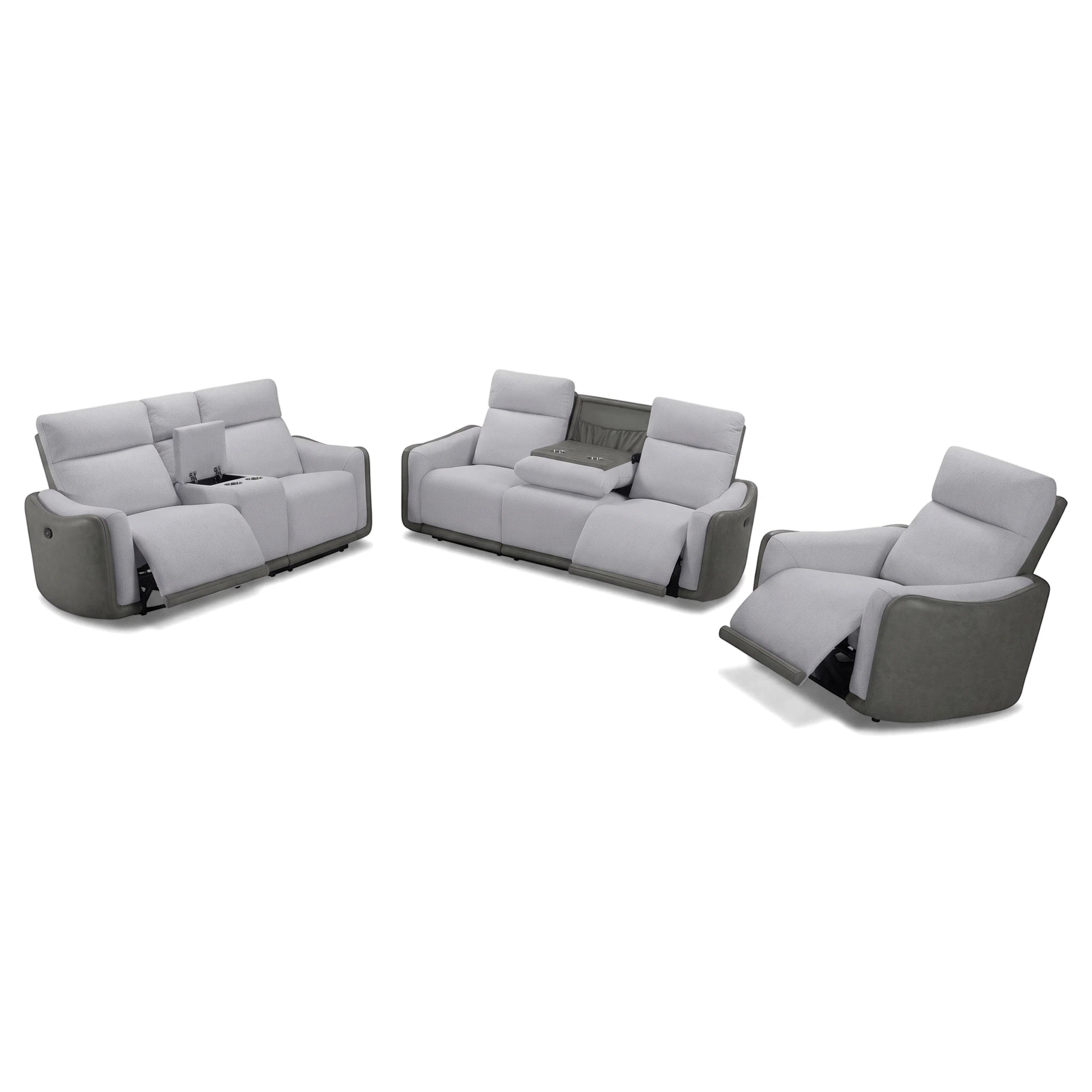 Alambra 3 Piece 5 Action Recliner Lounge Suite in light grey fabric with dark grey accents, featuring cup holders and