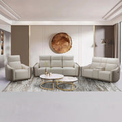 Alambra 3 Piece 5 Action Recliner Lounge Suite in beige fabric with plush cushions and reclining seats for a modern living