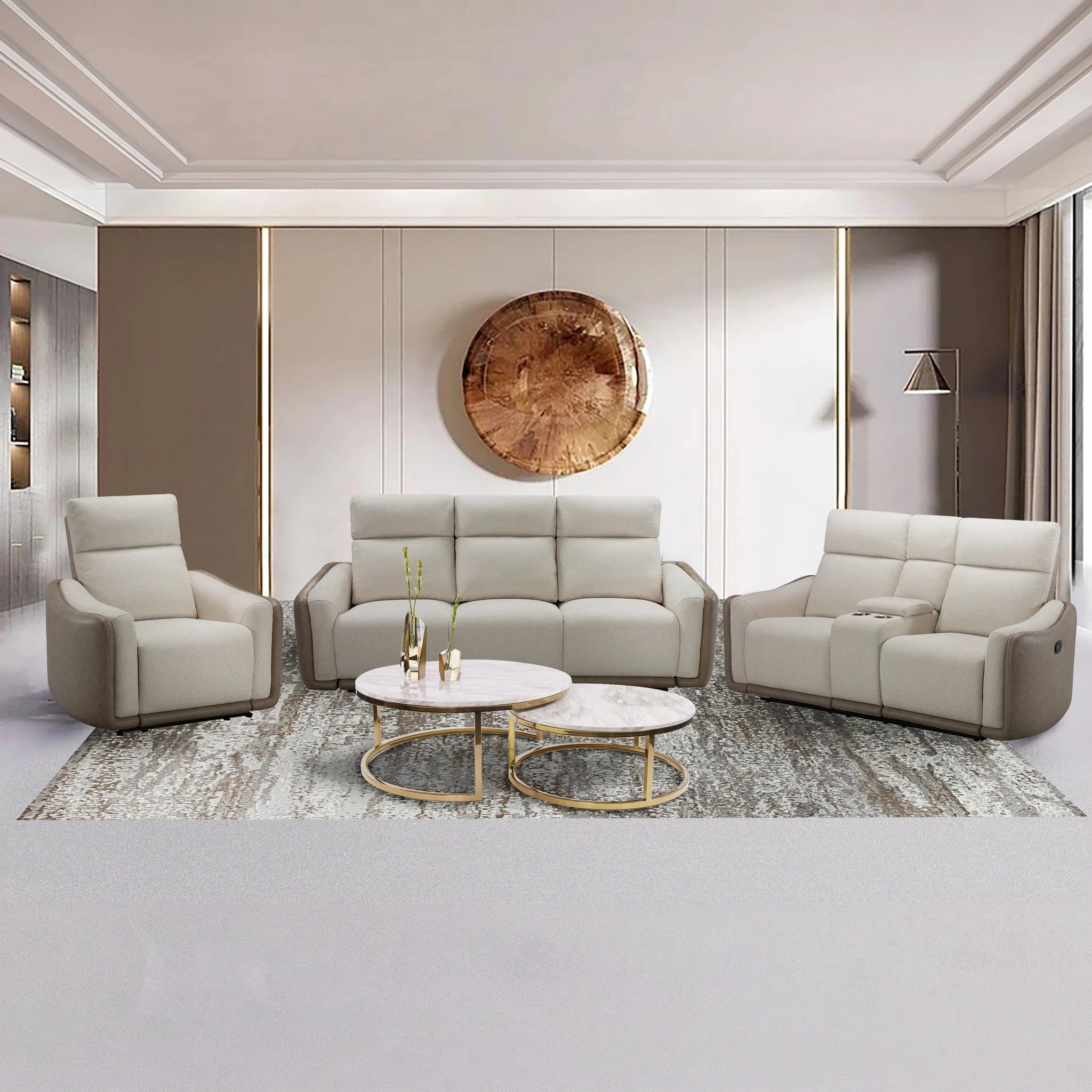 Alambra 3 Piece 5 Action Recliner Lounge Suite in beige fabric with plush cushions and reclining seats for a modern living