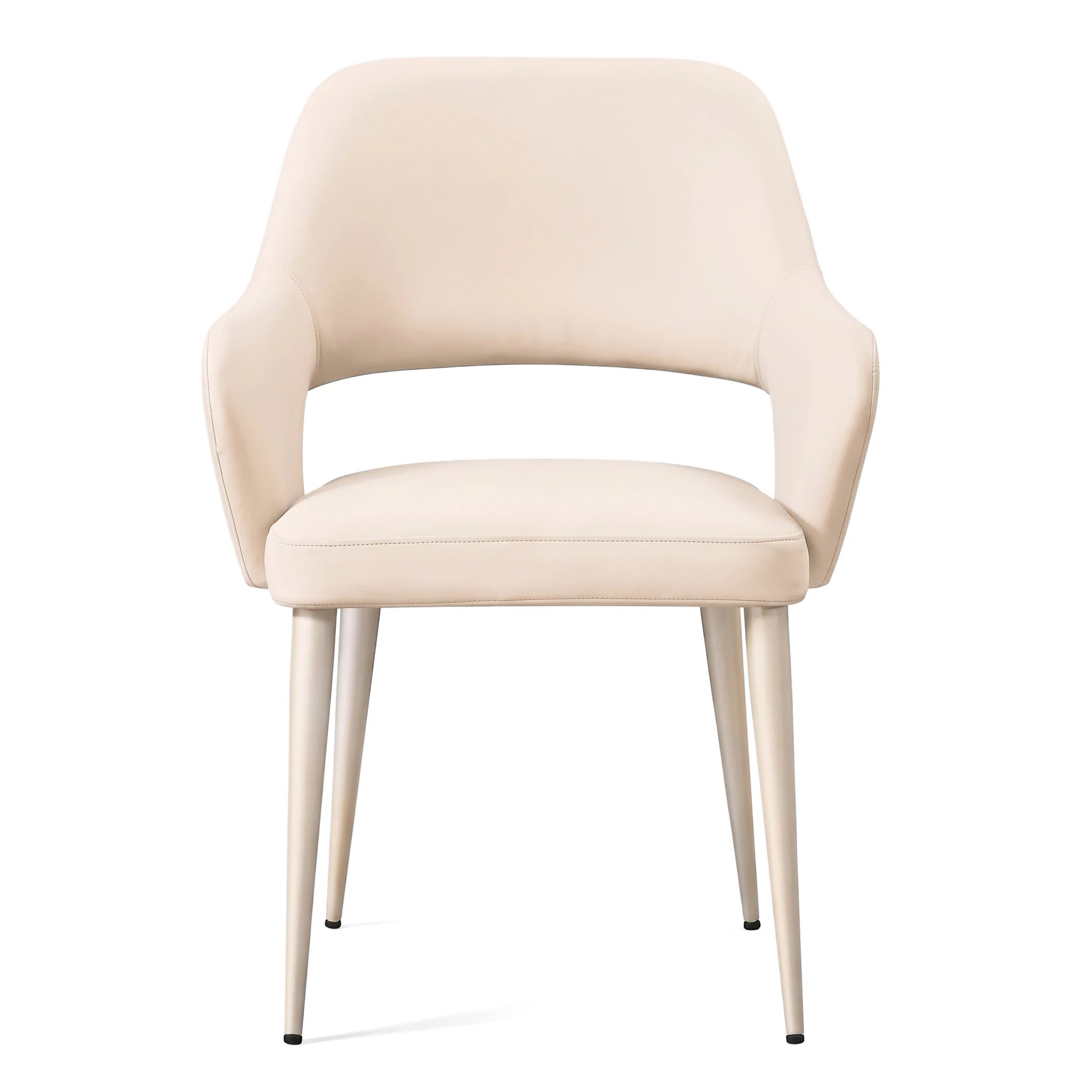 Aldo Dining Room Chair with beige upholstered seat and back, and sleek light metal legs, viewed from the front.