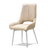 Alonzo Dining Room Chair in beige faux leather with polished silver metal legs, viewed from a slight angle.