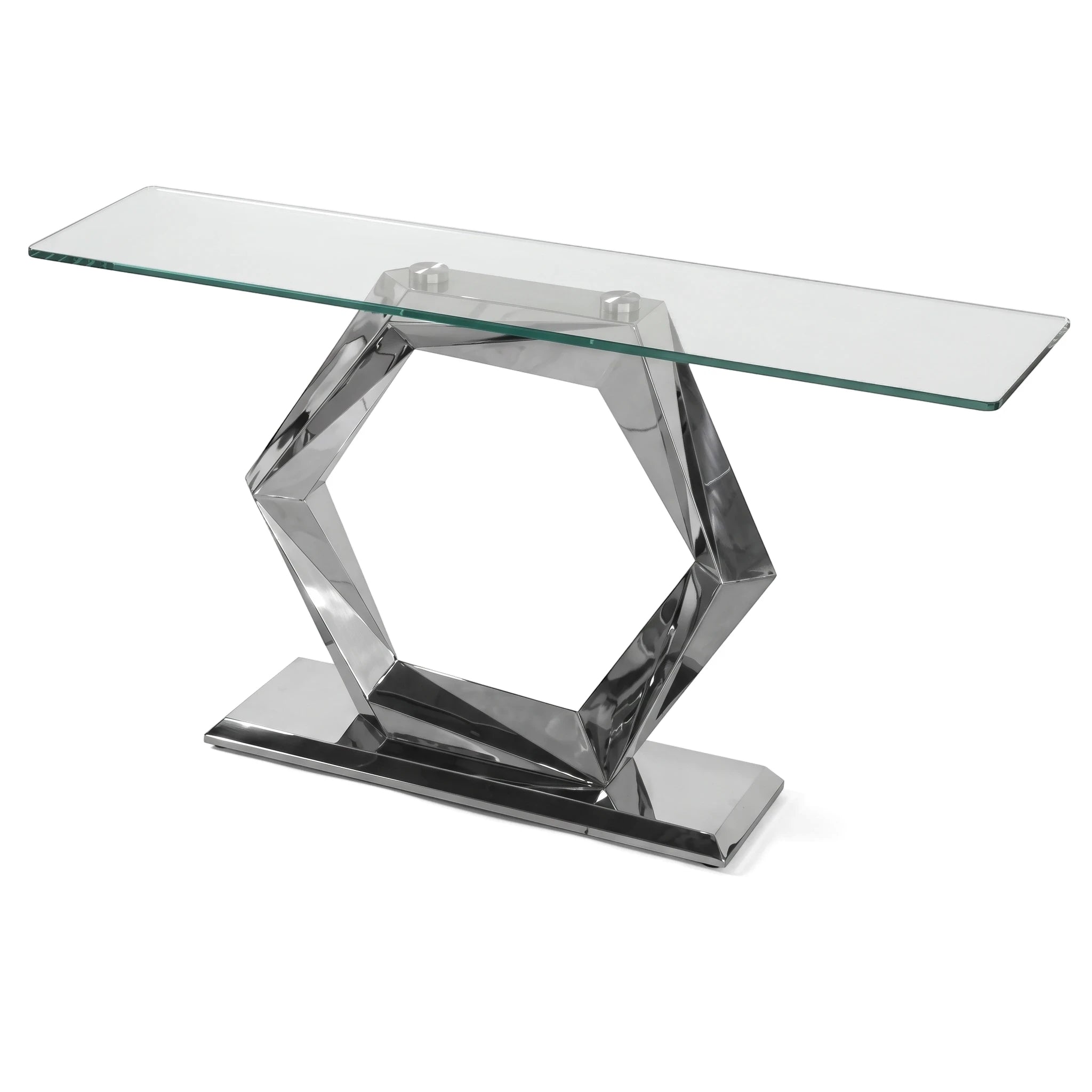 Amara Console Table featuring a clear glass top and a modern, geometric chrome base