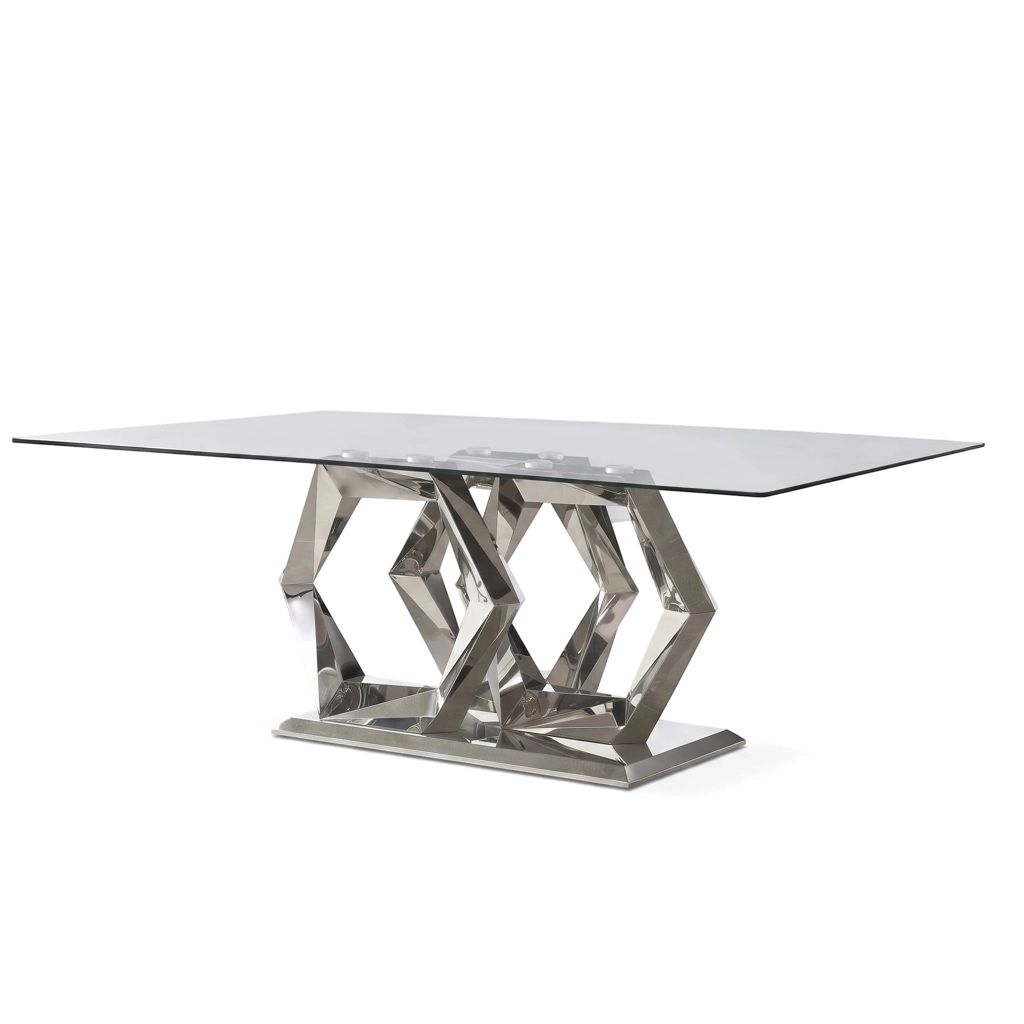 Amara Dining Room Table with a rectangular clear glass top and a unique geometric polished chrome base, shown from a