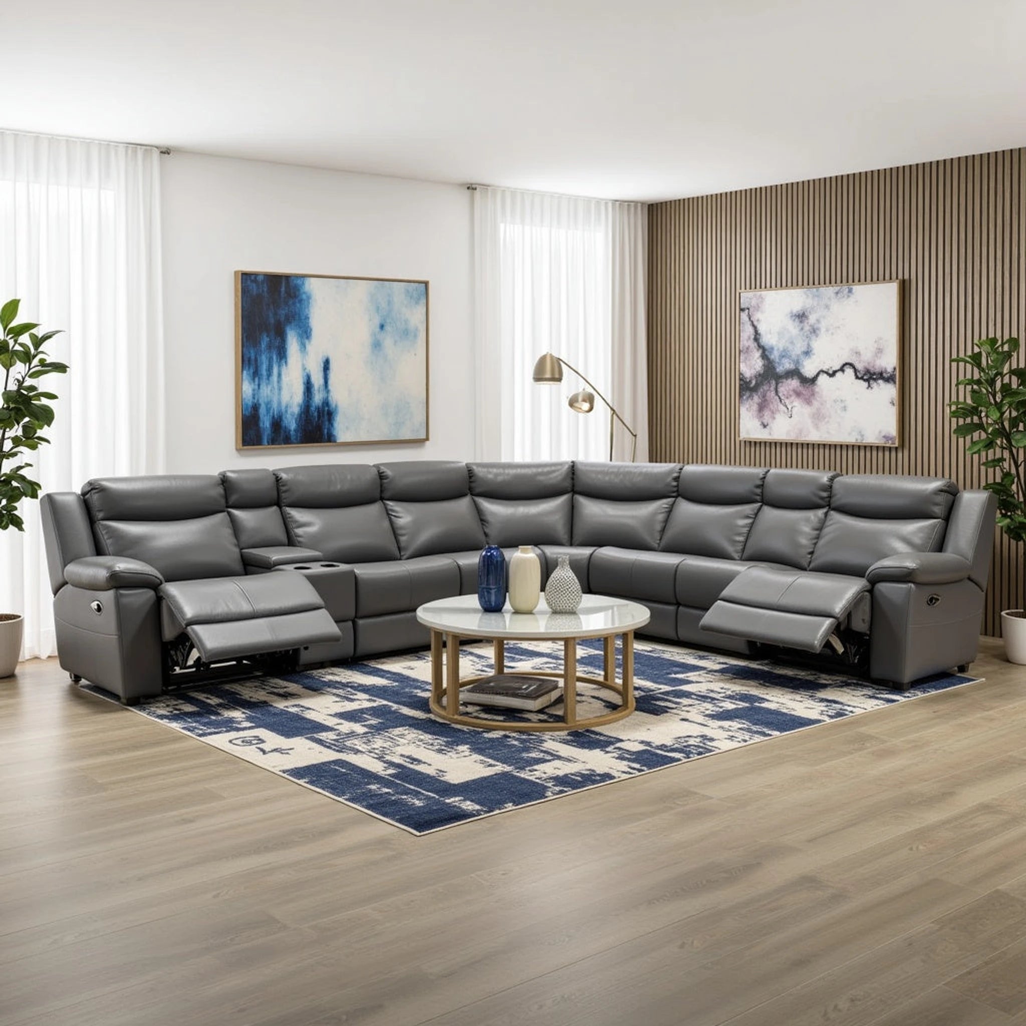 Ambassador Electric Motion Lounge Suite in gray leather, modular sectional with powered recliners and adjustable footrests.