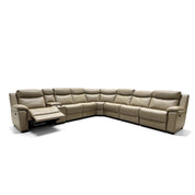 Ambassador Electric Motion Lounge Suite in beige leather, an L-shaped sectional sofa with multiple reclining seats and cup