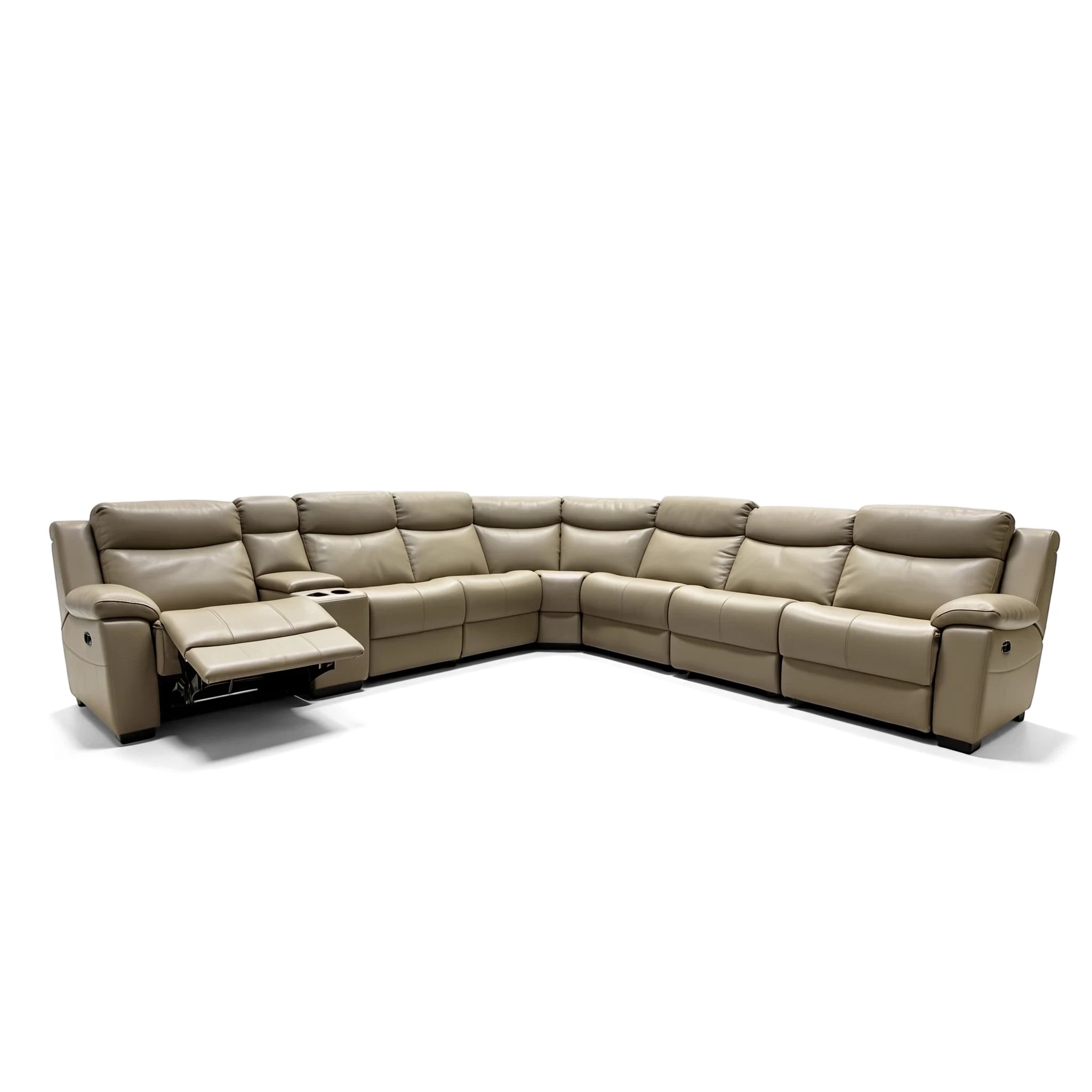 Ambassador Electric Motion Lounge Suite in beige leather, an L-shaped sectional sofa with multiple reclining seats and cup