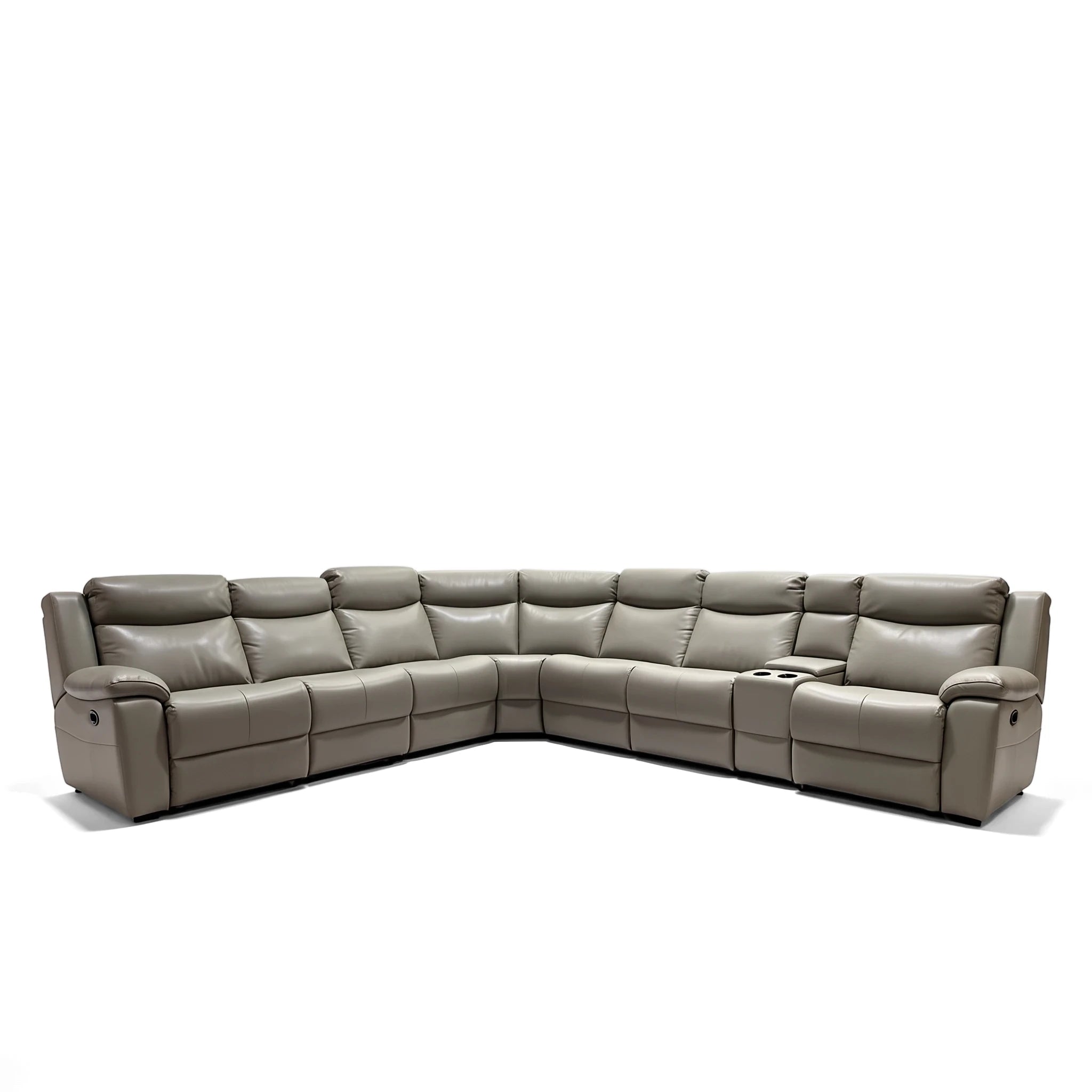 Gray leather Ambassador Electric Motion Lounge Suite, an L-shaped reclining sectional sofa with convenient cup holders.