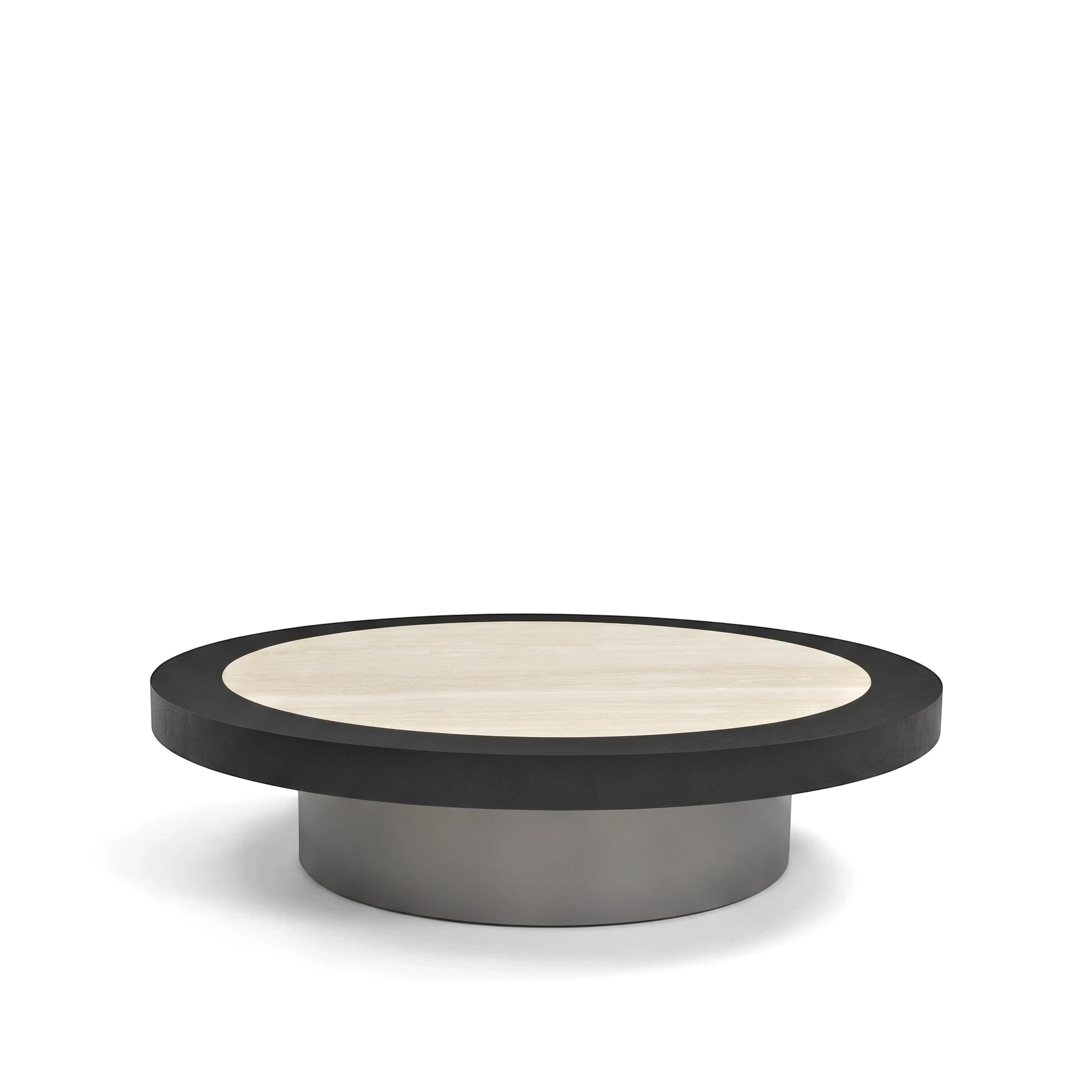 Round Amico coffee table featuring a black rim, a light beige top, and a cylindrical dark grey base.
