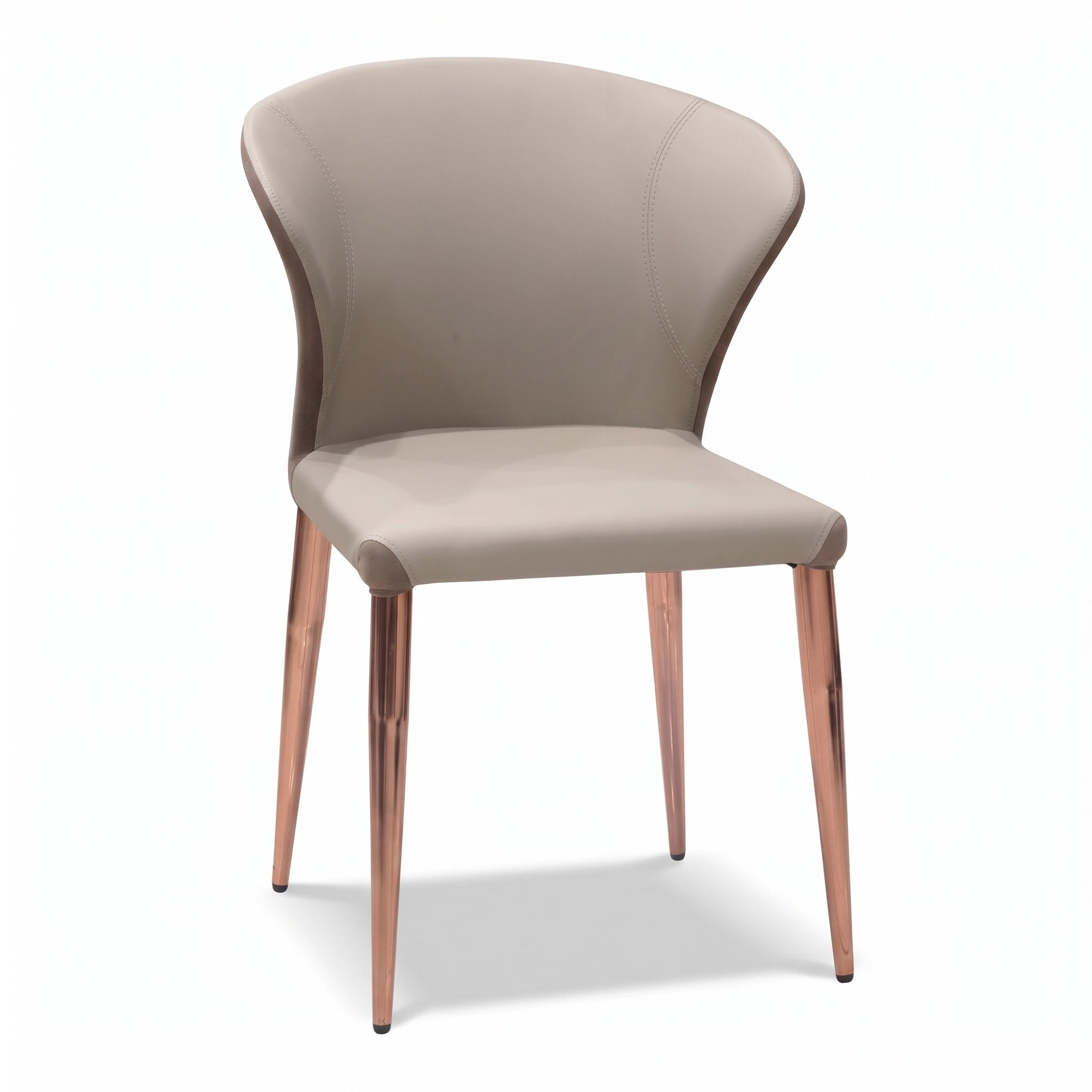 Ariano Dining Room Chair with beige upholstered seat and back, featuring sleek rose gold tapered legs, in a modern style.