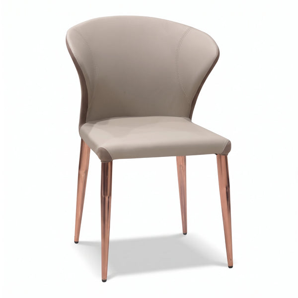 Ariano Dining Room Chair with beige upholstered seat and back, featuring sleek rose gold tapered legs, in a modern style.