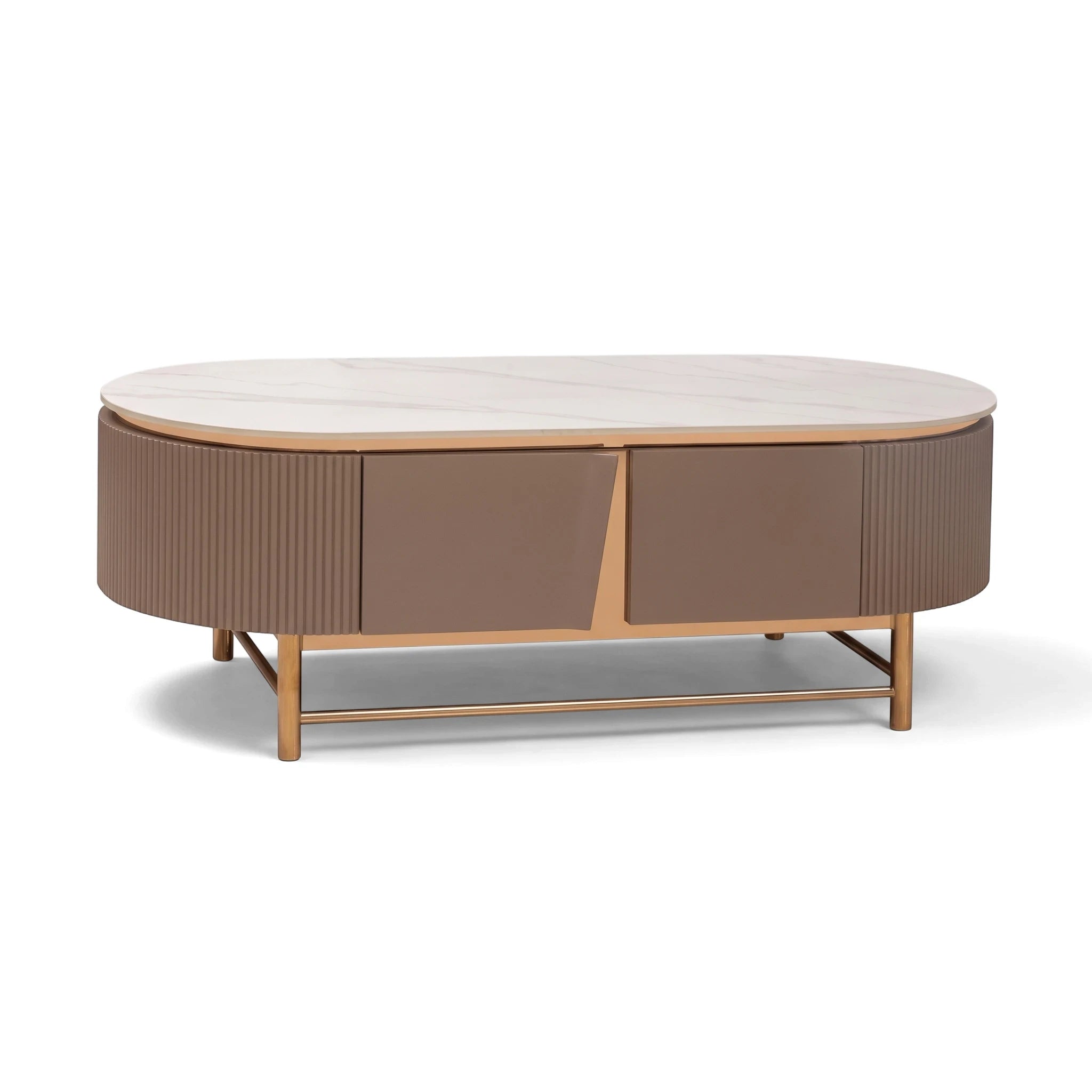 Modern Ariano oval coffee table featuring a white marble top, brown fluted body, and elegant rose gold metal base.