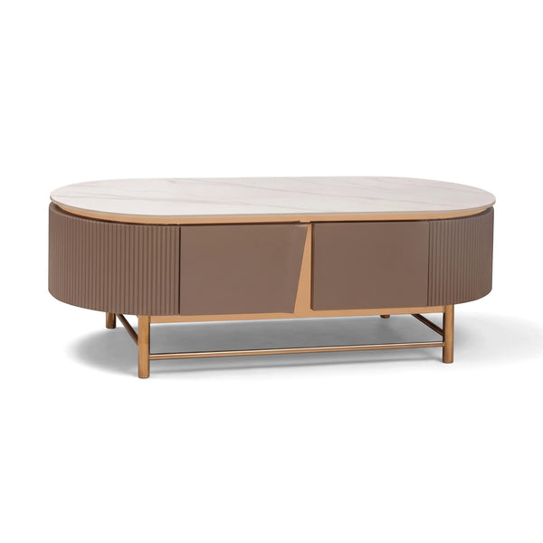 Modern Ariano oval coffee table featuring a white marble top, brown fluted body, and elegant rose gold metal base.