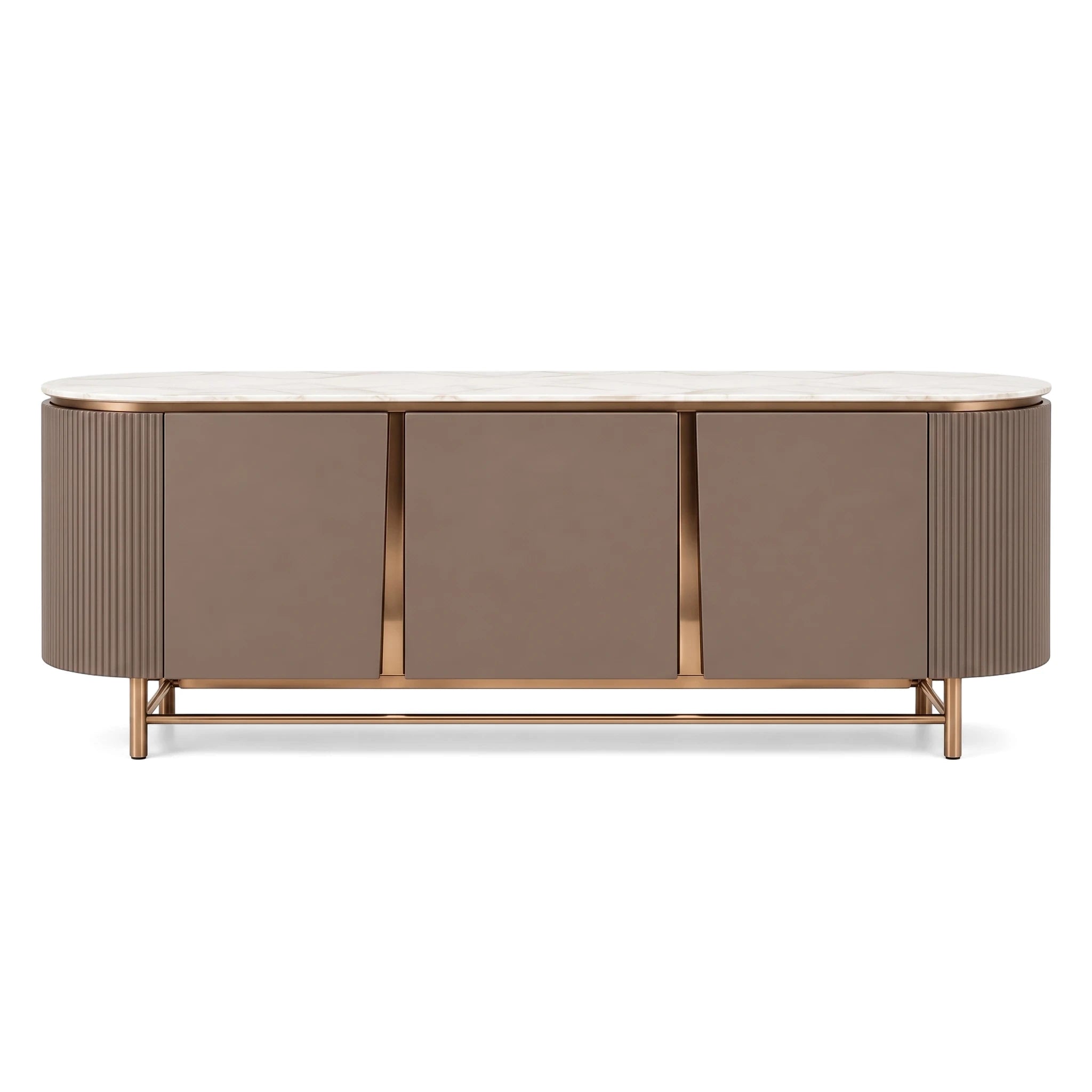 Ariano Sideboard with white marble top, taupe body, fluted sides, and rose gold metal base on a white background.