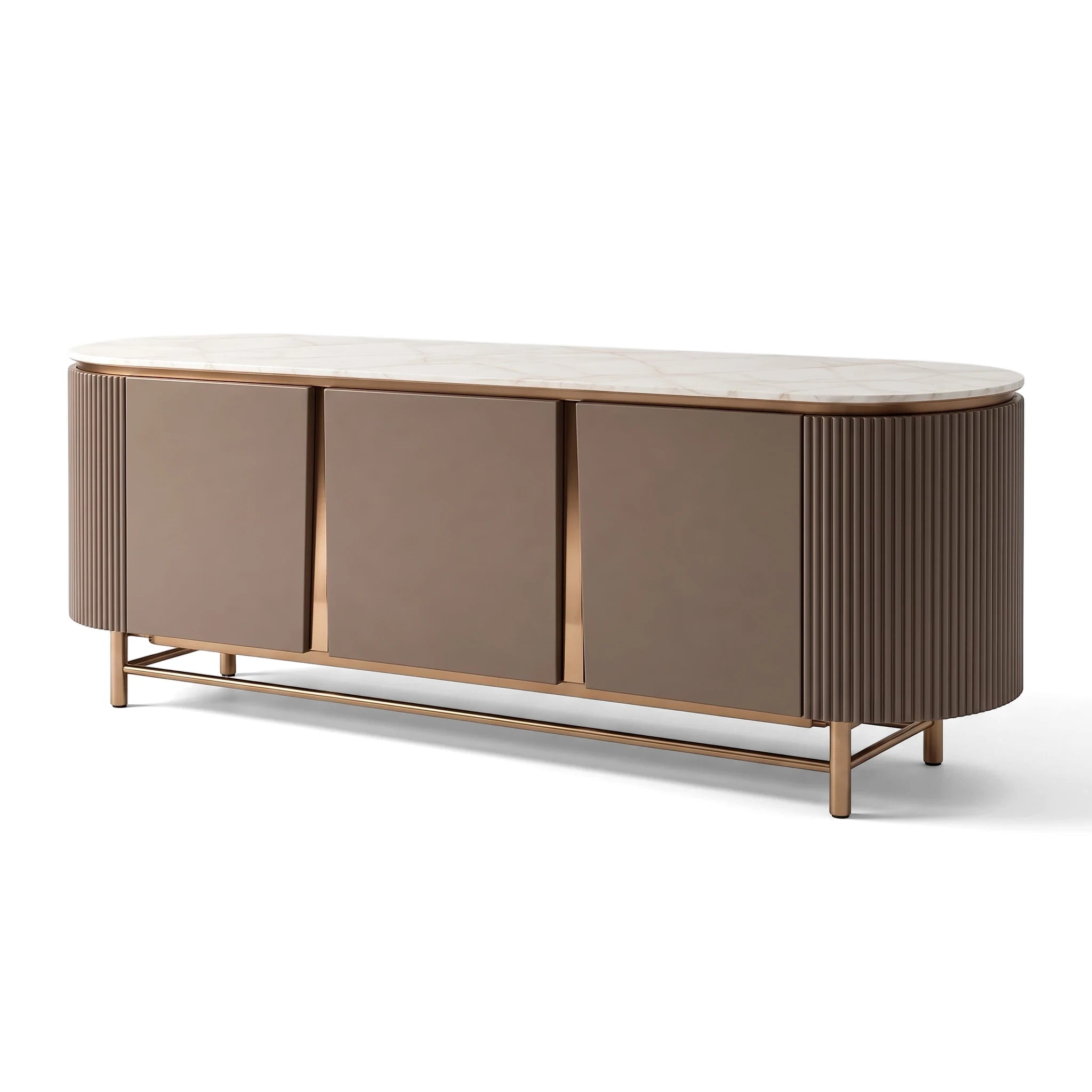 Modern Ariano Sideboard with a taupe/brown body, white marble oval top, and elegant gold metal accents and legs, presented