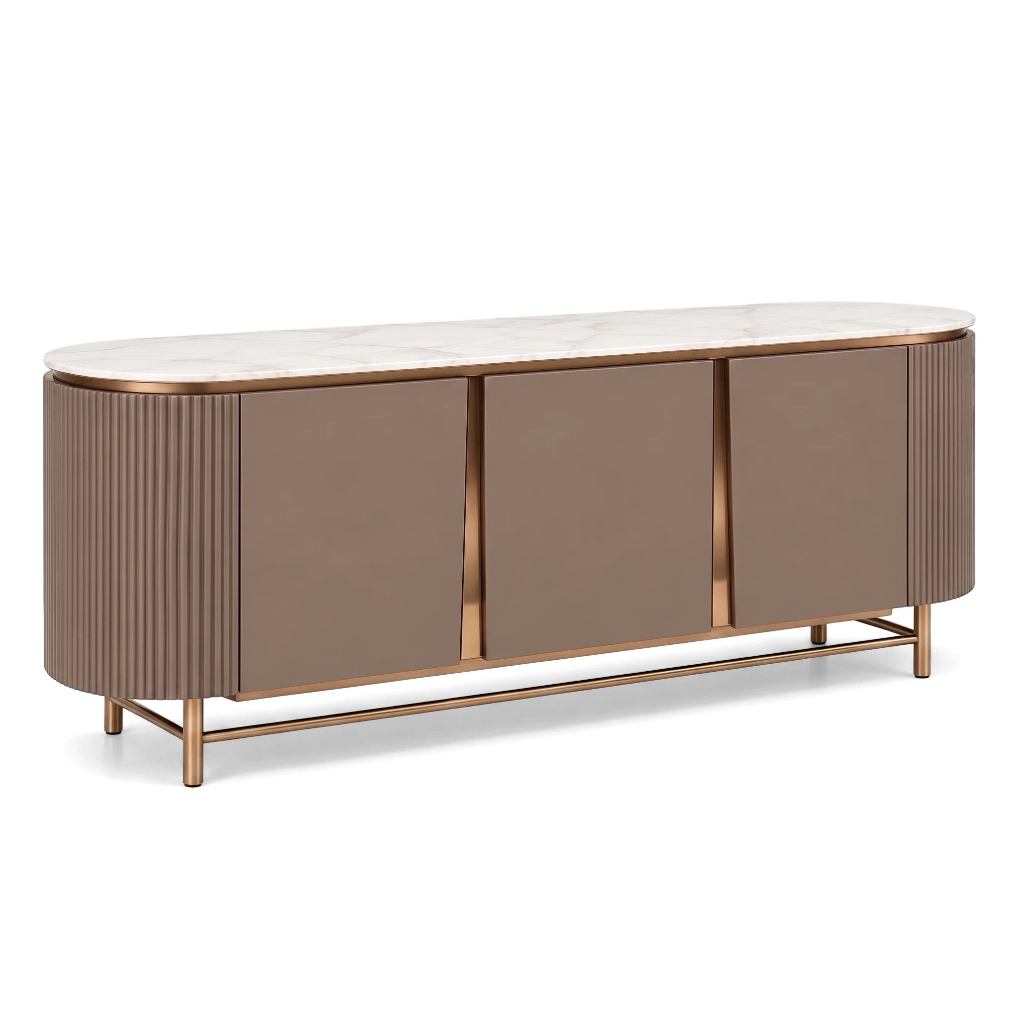 Ariano Sideboard with an oval white marble top, taupe body, fluted ends, and golden metal accents, on slender legs.