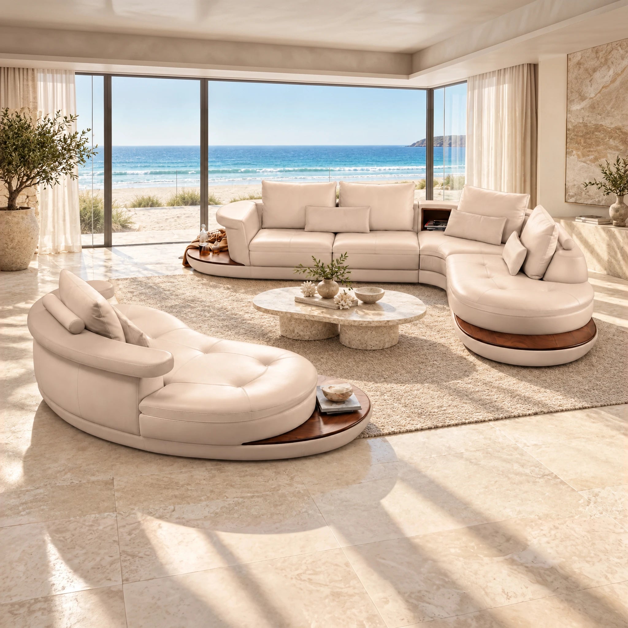 Arizona Lounge Suite Beige - Right Arm Facing in soft ivory leather with plush cushions and wood accents.