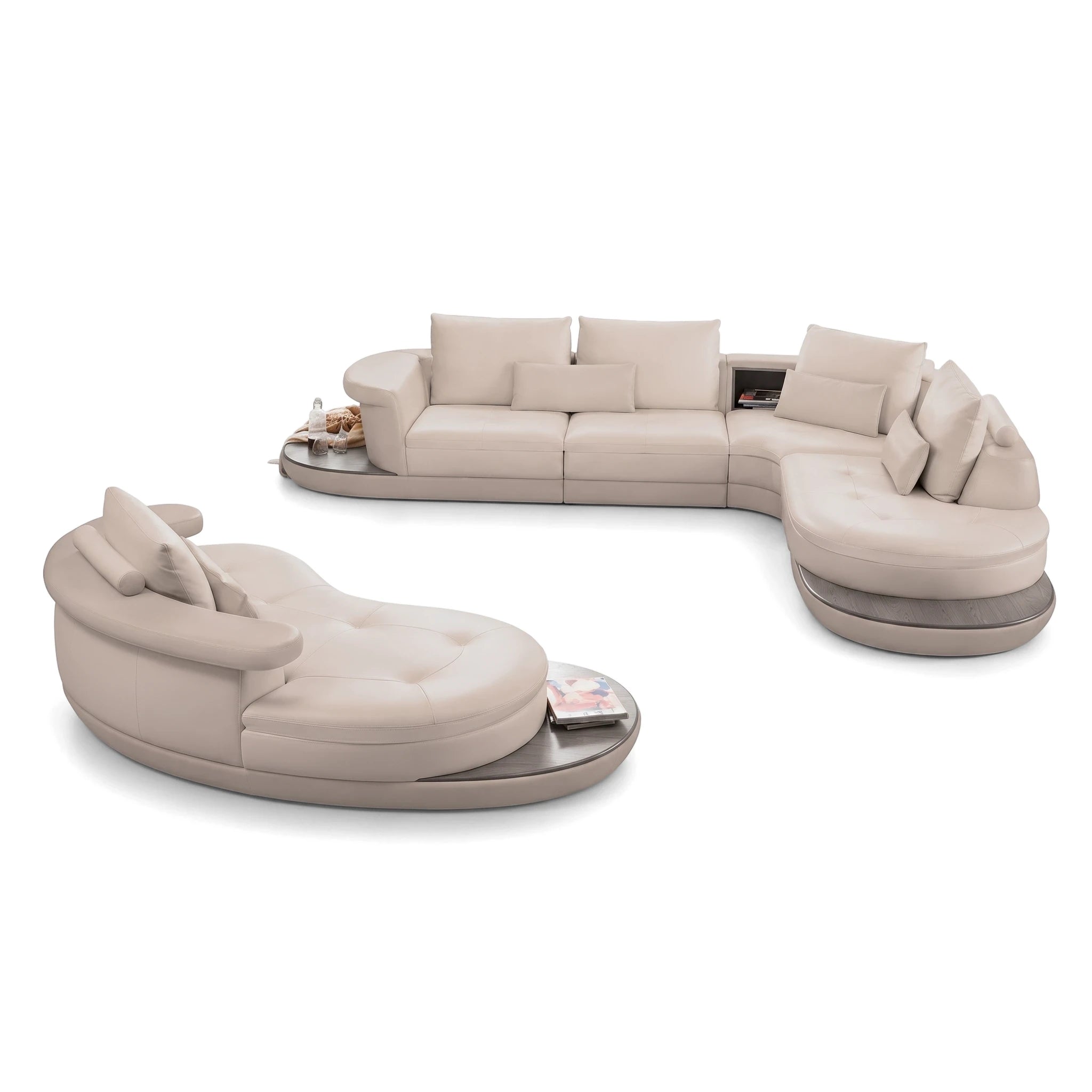 Arizona Lounge Suite Oyster - Right Arm Facing, a large L-shaped cream leather sofa with integrated side tables and a