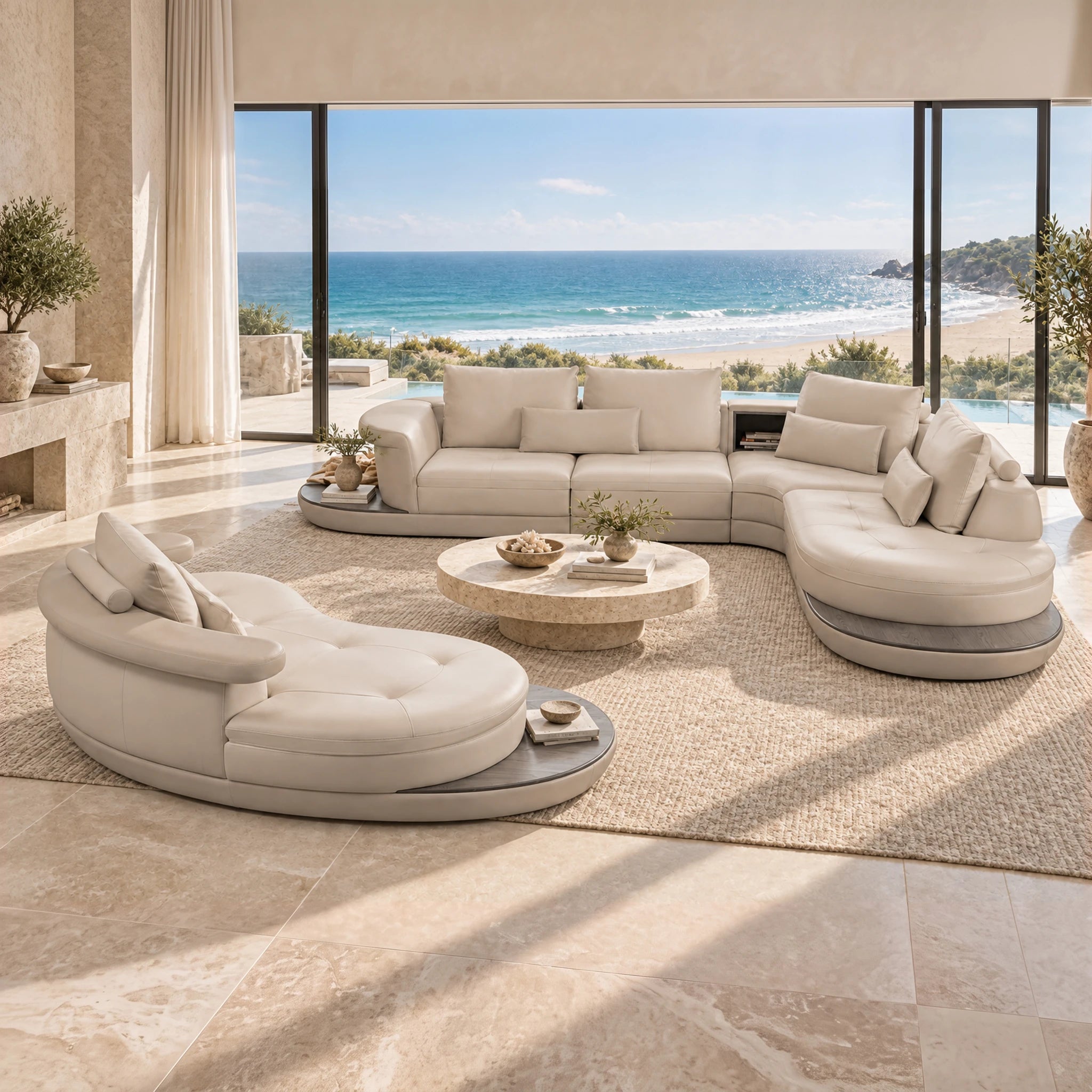Arizona Lounge Suite Oyster - Right Arm Facing, ivory leather sectional with plush cushions and modern curved design.