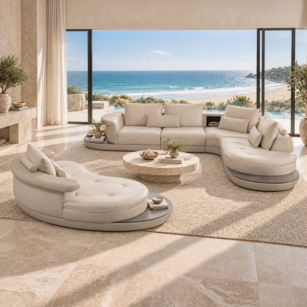 Arizona Lounge Suite Oyster - Right Arm Facing, ivory leather sectional with plush cushions and modern curved design.
