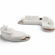 Arizona Lounge Suite White - Right Arm Facing sectional with white cushions and wooden base, modern curved design.