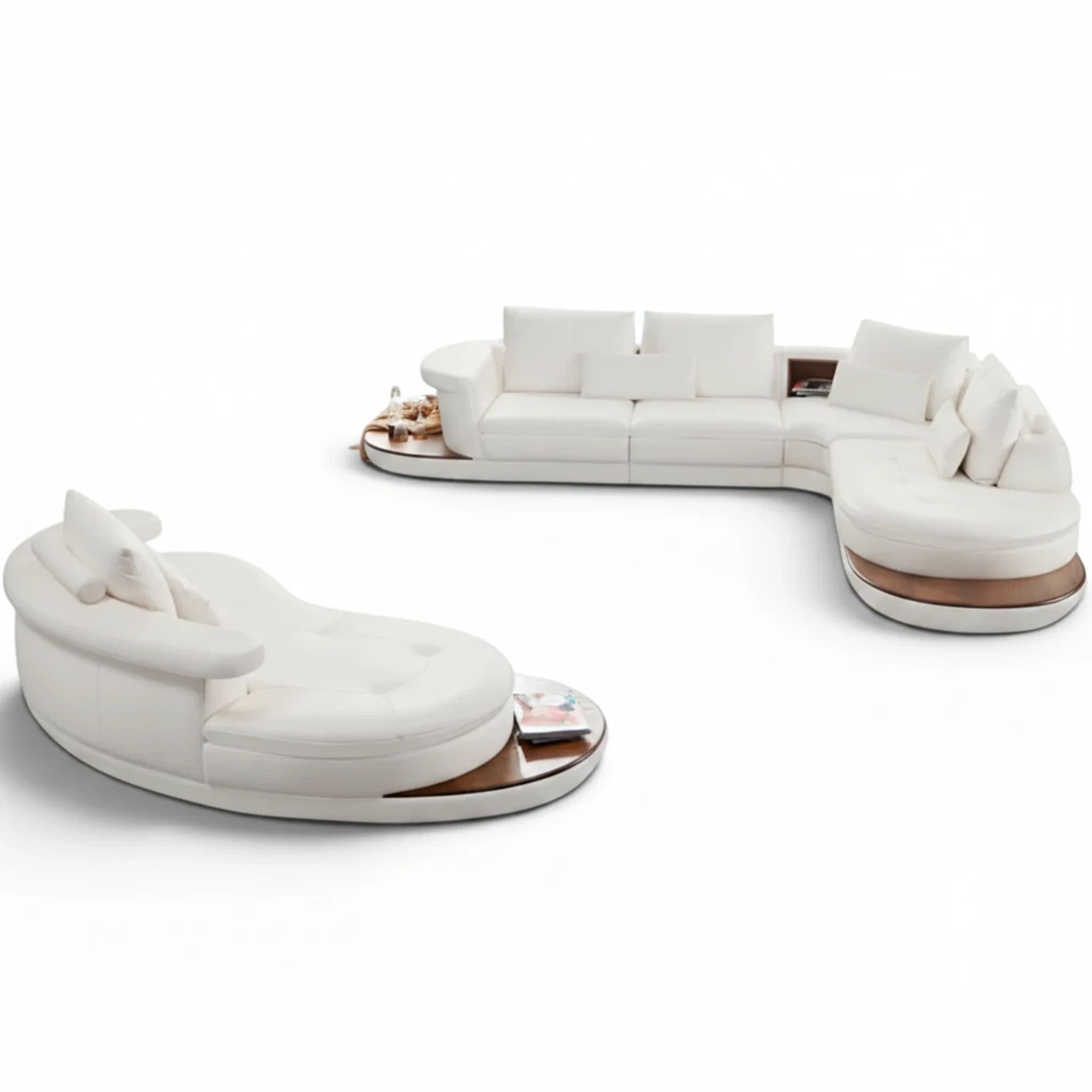 Arizona Lounge Suite White - Right Arm Facing sectional with white cushions and wooden base, modern curved design.