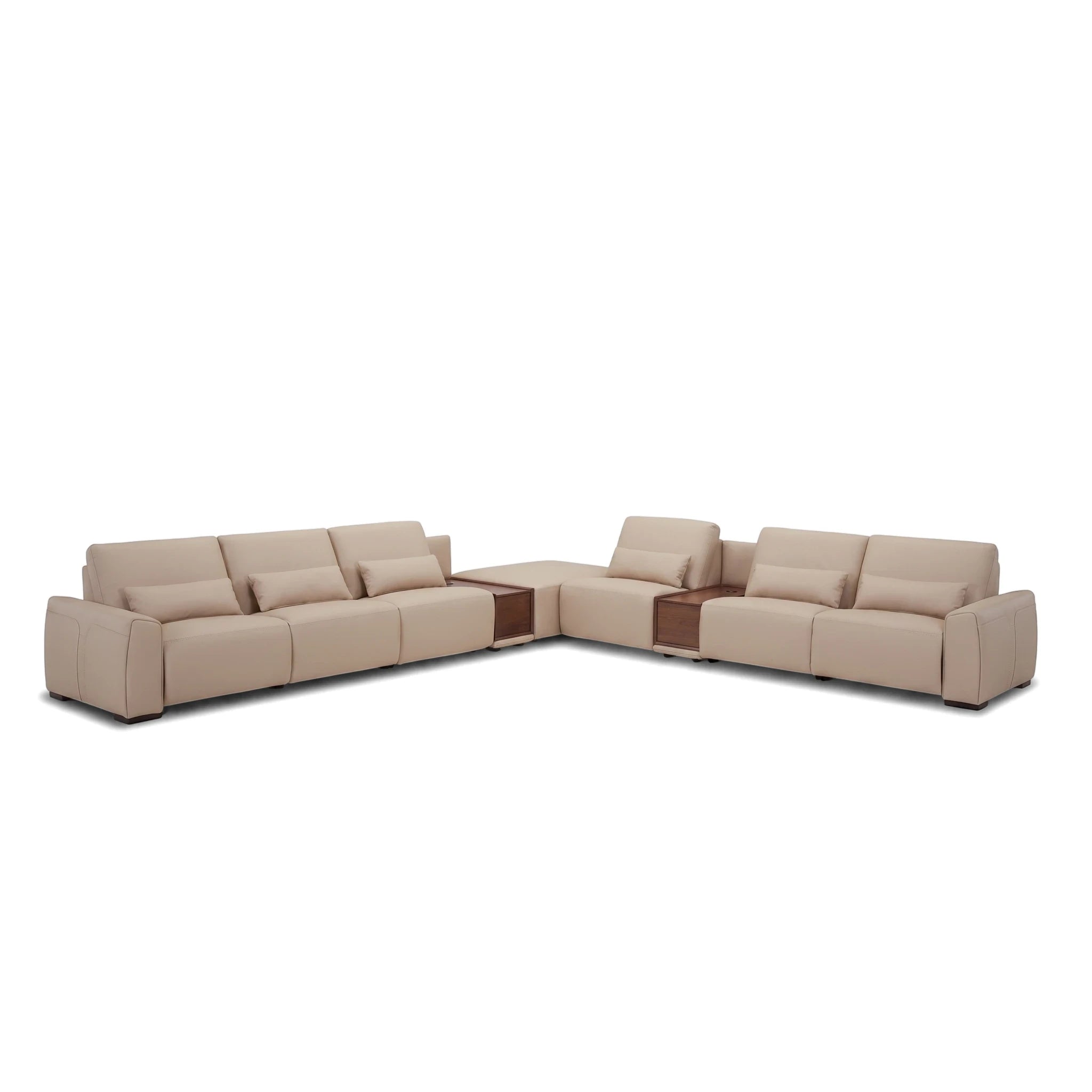 Ascot Leather Lounge Suite 4 Power Motion in beige, featuring modular design and integrated wooden storage, photographed on