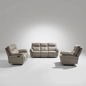 Atlantic 5 Action Recliner Lounge Suite in beige leather with a three-seat sofa and two recliners showing plush headrests