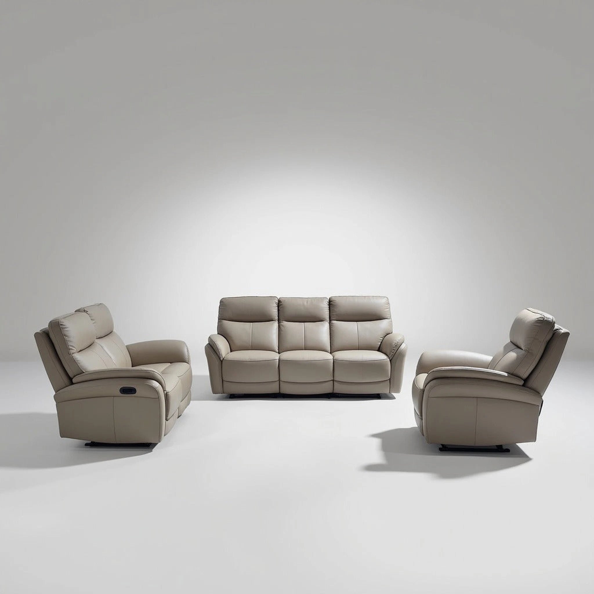 Atlantic 5 Action Recliner Lounge Suite in beige leather with a three-seat sofa and two recliners showing plush headrests