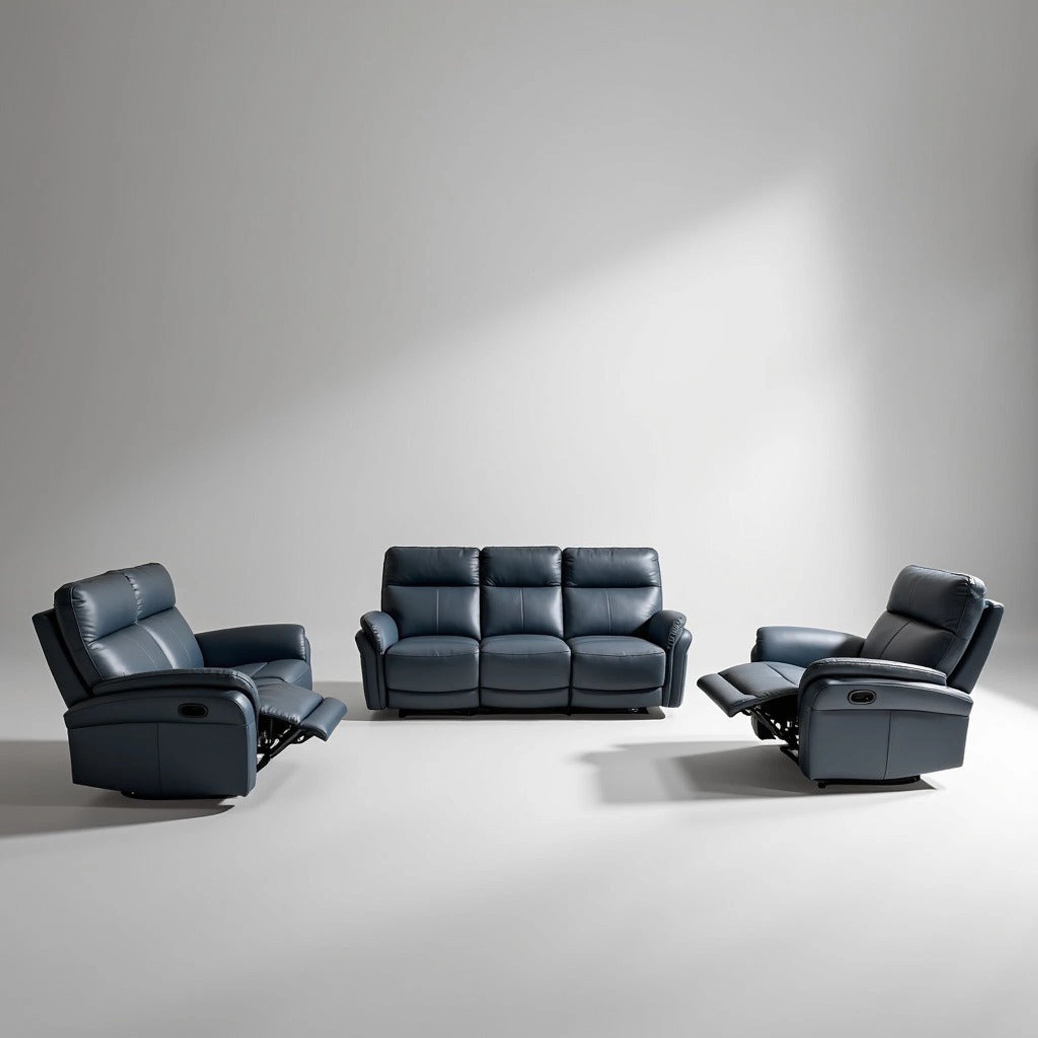 Atlantic 5 Action Recliner Lounge Suite in blue-gray leather featuring a three-seat sofa and two reclining chairs for