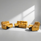 Atlantic 5 Action Recliner Lounge Suite in mustard leather with two recliners and a three-seat sofa.