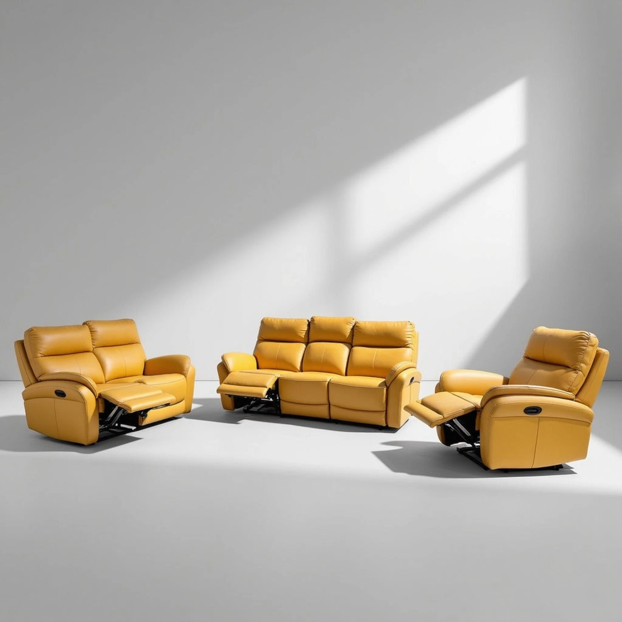 Atlantic 5 Action Recliner Lounge Suite in mustard leather with two recliners and a three-seat sofa.