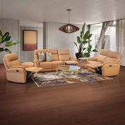 Atlantic 5 Action Recliner Lounge Suite in tan leather with a matching sofa set and reclining chairs for a modern living