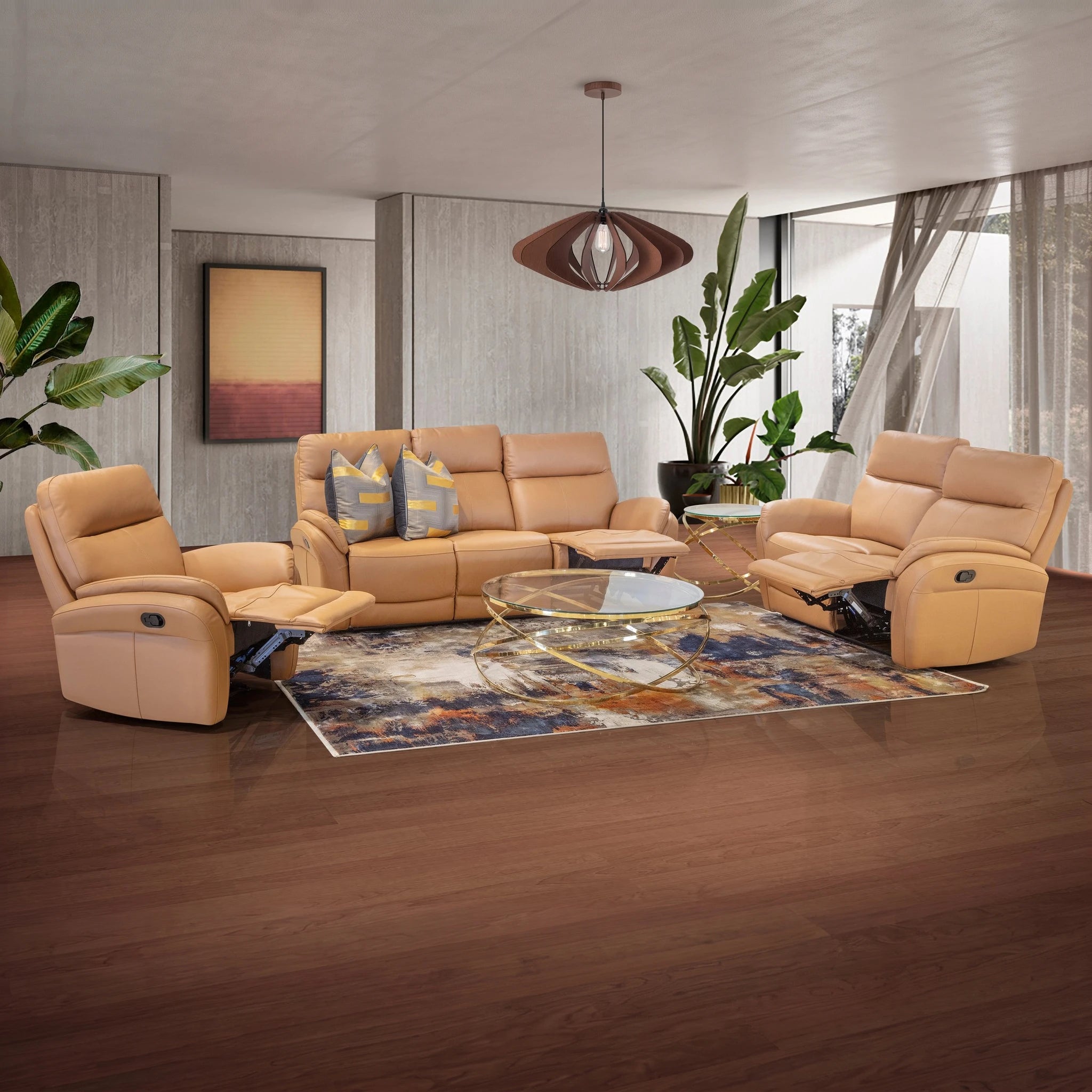 Atlantic 5 Action Recliner Lounge Suite in tan leather with a matching sofa set and reclining chairs for a modern living