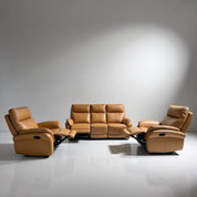 Atlantic 5 Action Recliner Lounge Suite in tan leather with a three-seat sofa and two reclining chairs.