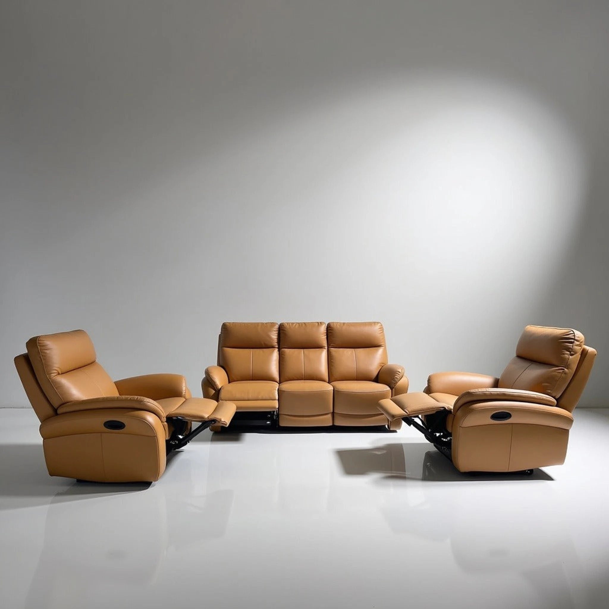 Atlantic 5 Action Recliner Lounge Suite in tan leather with a three-seat sofa and two reclining chairs.