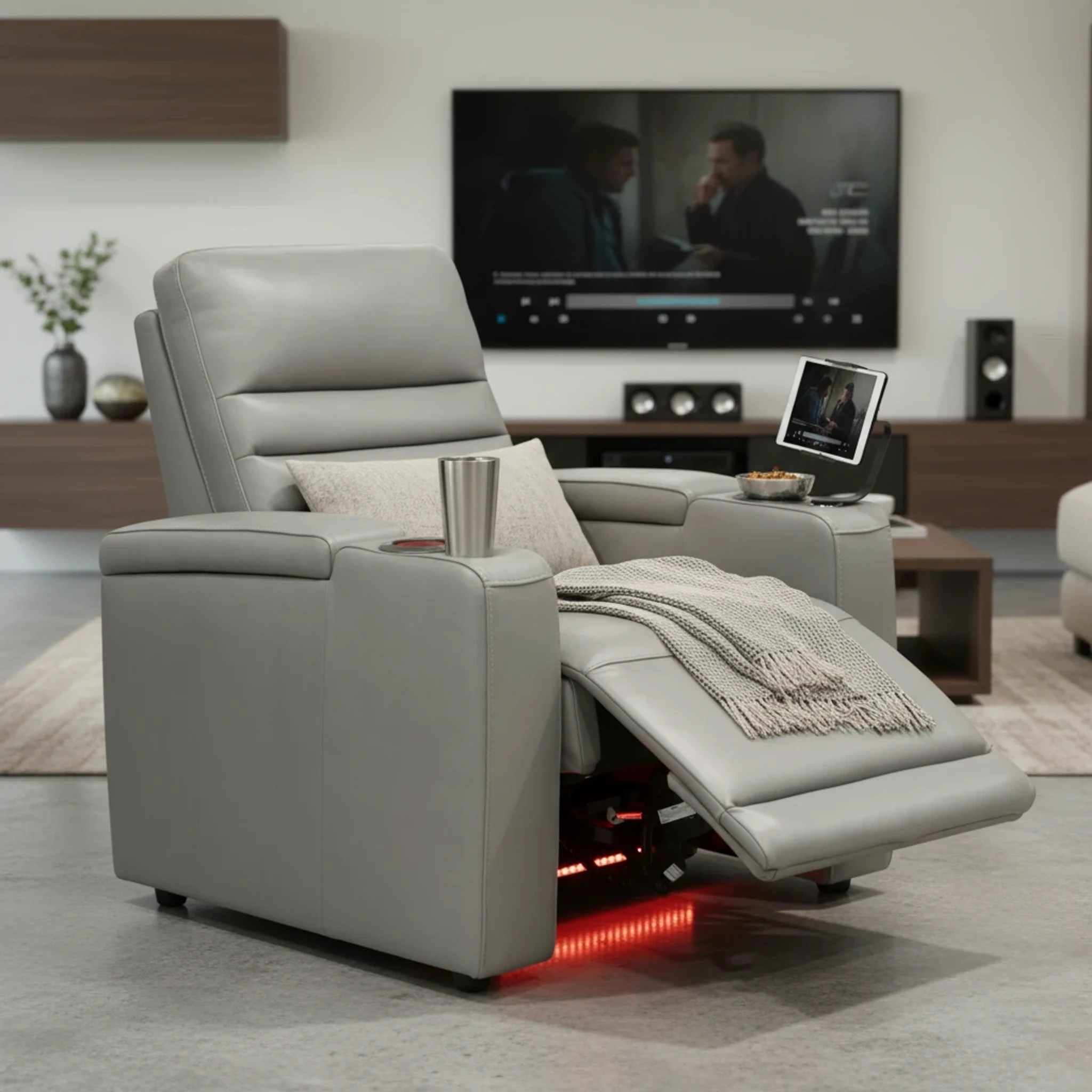 Baxter Power Recliner Chair in gray leather with adjustable headrest and footrest, featuring a built-in tablet stand and cup