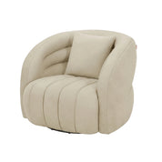 Beige suede-like Morris swivel chair with vertical tufting and a throw pillow, viewed from a slight angle.
