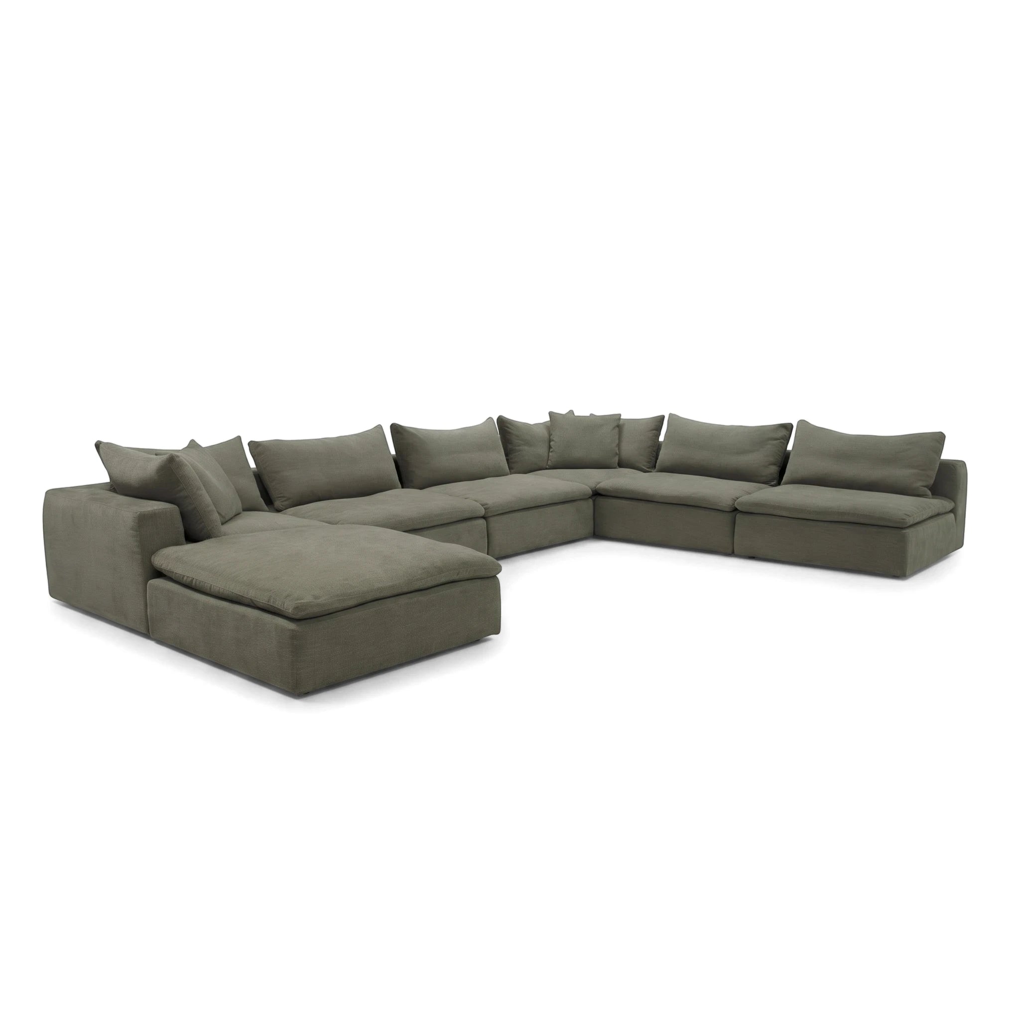 Bel Air olive green modular U-shaped fabric corner lounge suite with multiple cushions, viewed from a slight angle.
