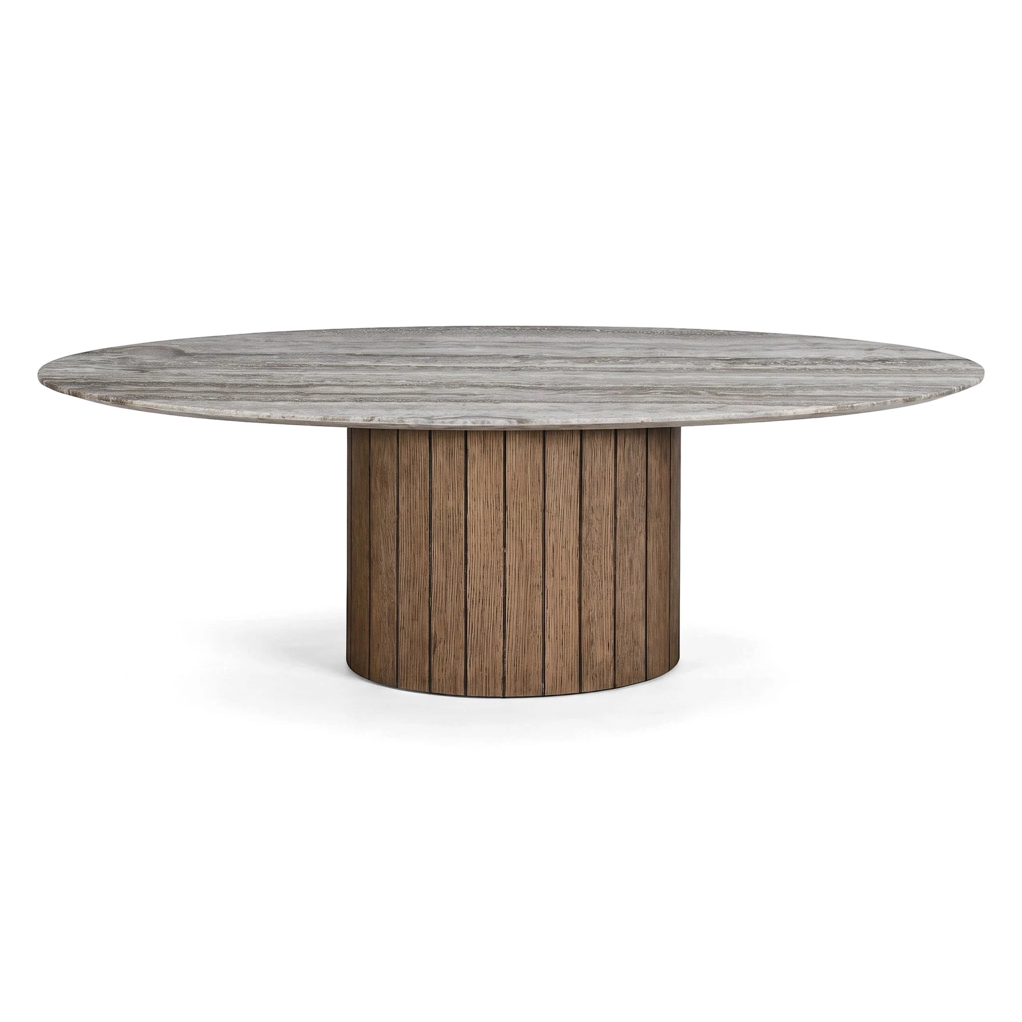 Belfort Oval Coffee Table with a grey travertine top and a slatted wooden cylindrical base, photographed from a frontal view.