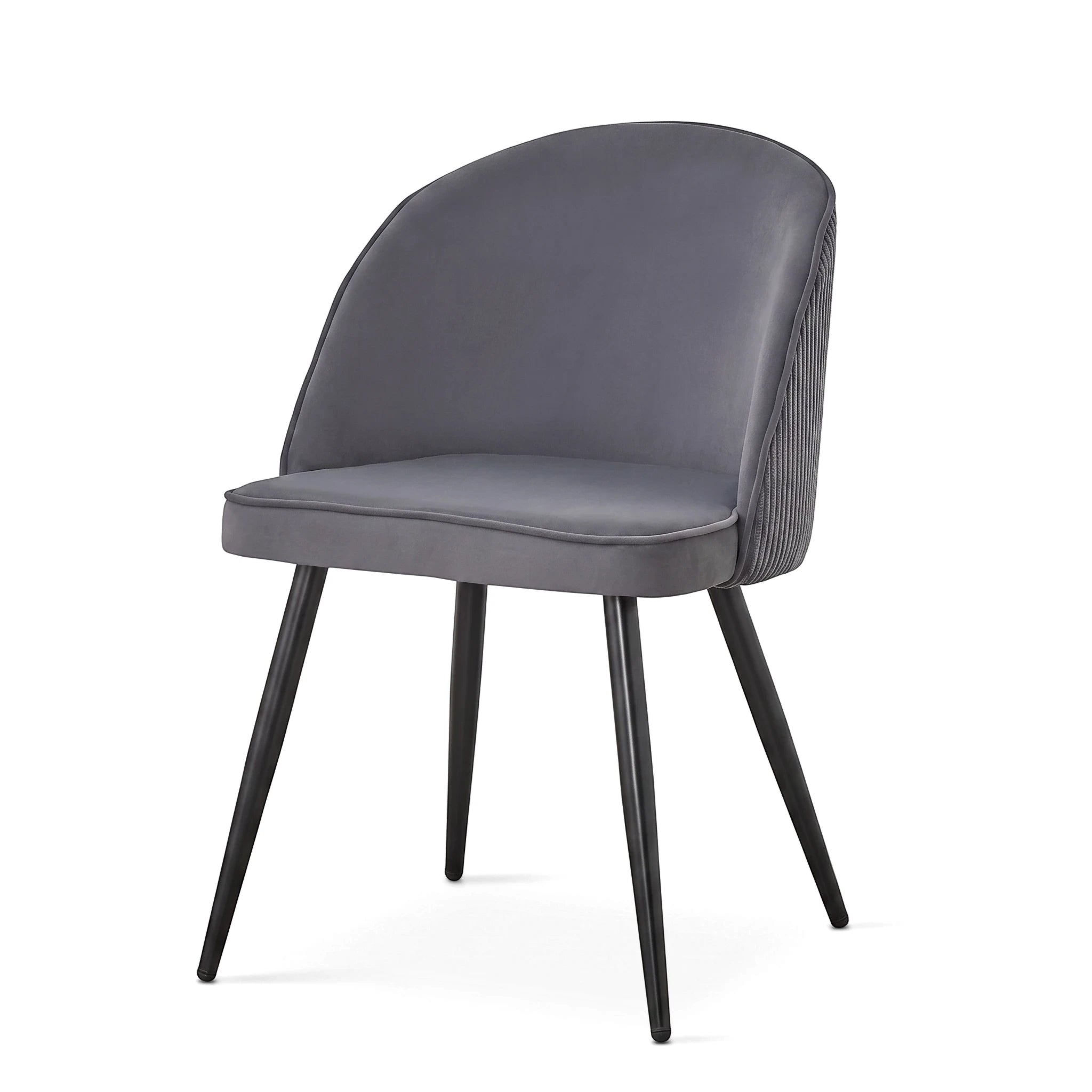 Blaze Dining Room Chair in dark grey velvet with a curved back and splayed black tapered legs, shown from a front-right