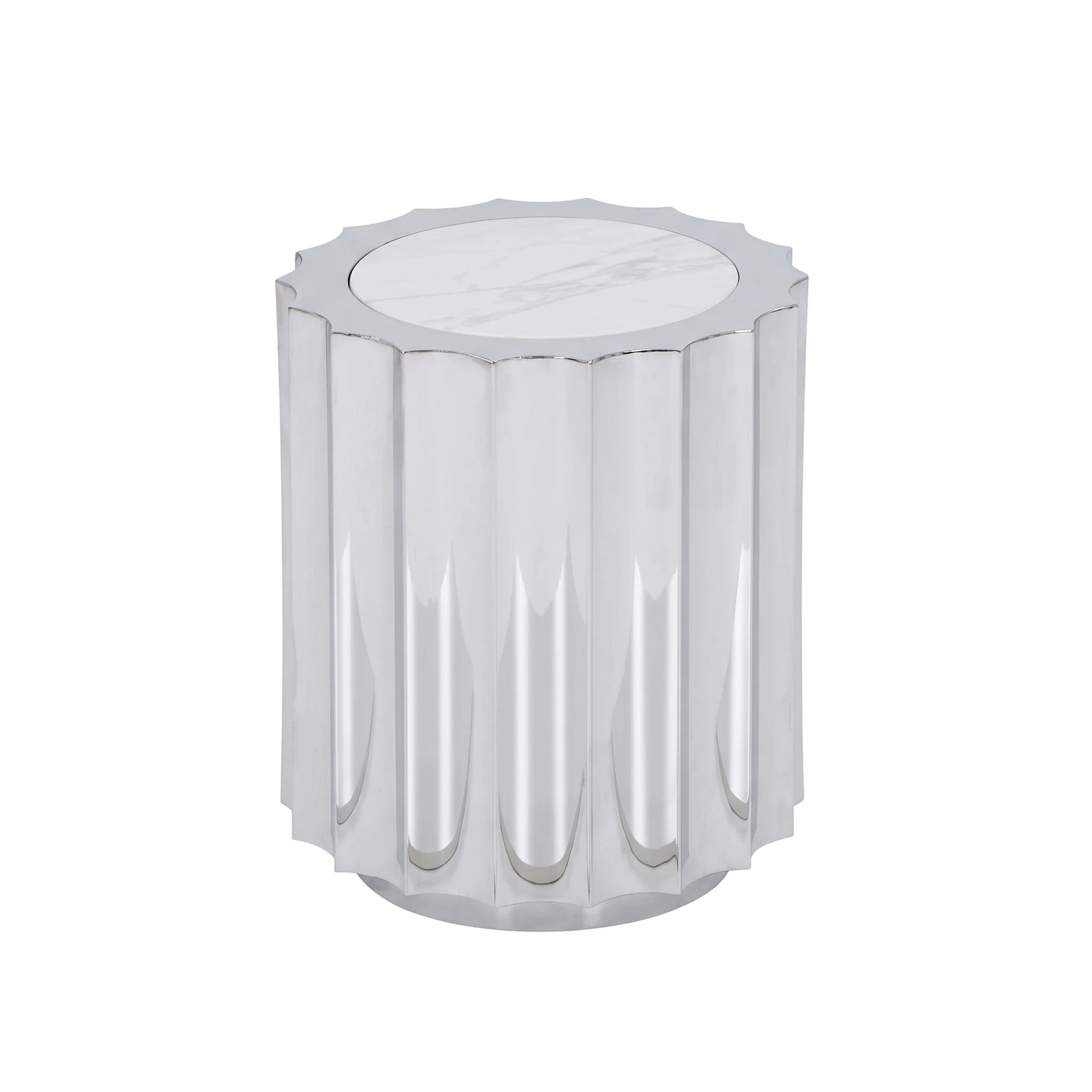 Bristol End Table with a fluted silver base and a round white marble top, viewed from an elevated angle.