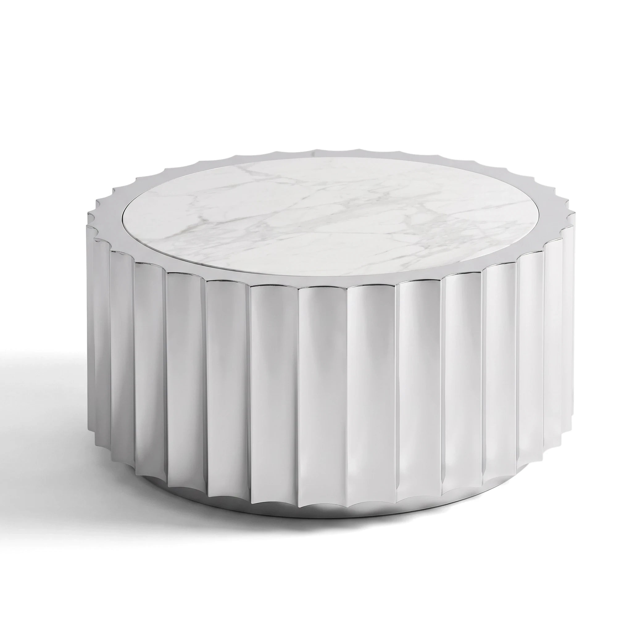Round Bristol coffee table featuring a white marble top and a distinctive fluted chrome base.
