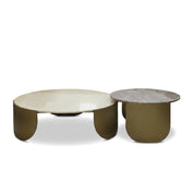 Brittany 2-piece coffee table set with light beige oval marble and brown round marble tops, supported by golden bases.