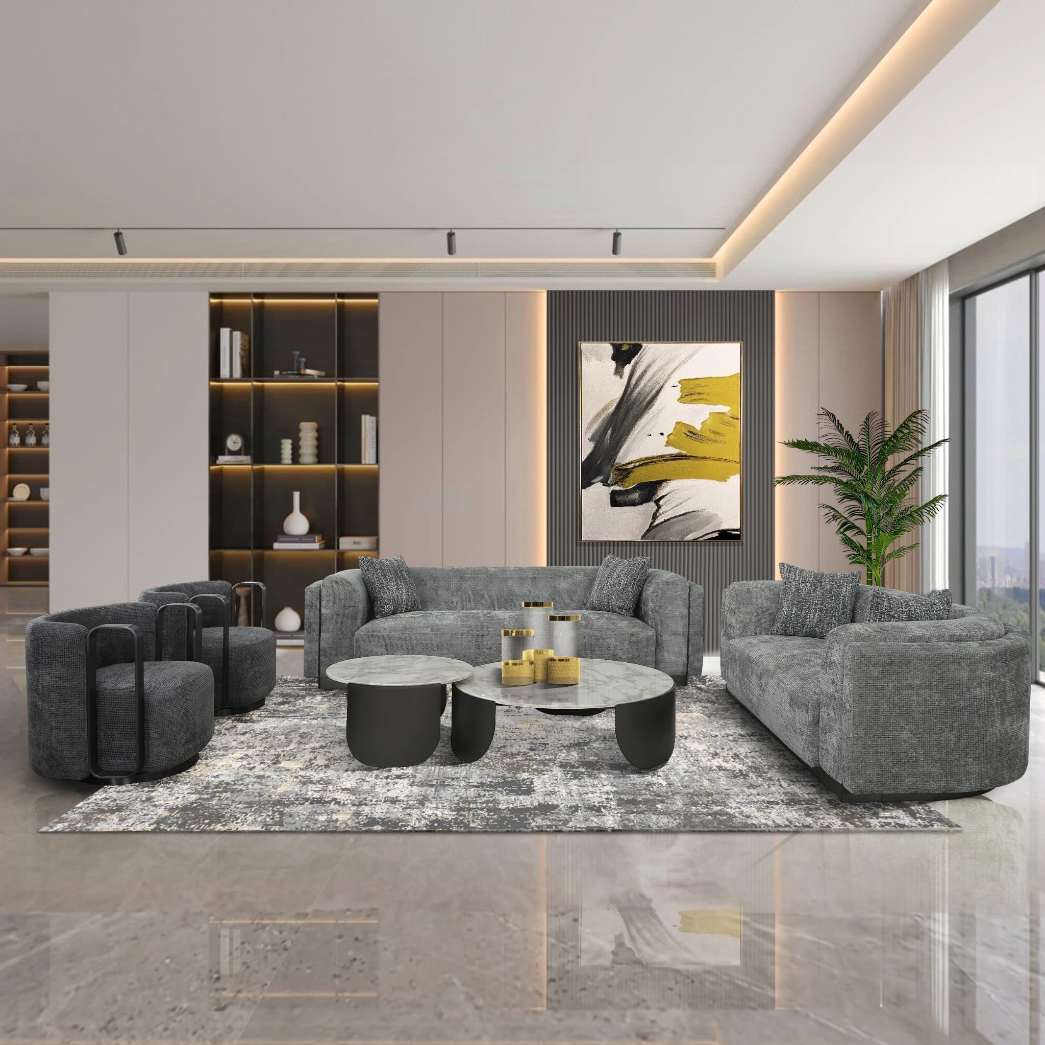 Brittany Coffee Table 2 Piece Set in dark gray with white marble tops for a modern living room, two round tables included.
