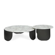 Modern two-piece Brittany coffee table set with white marble tops and dark curved bases on a white background.