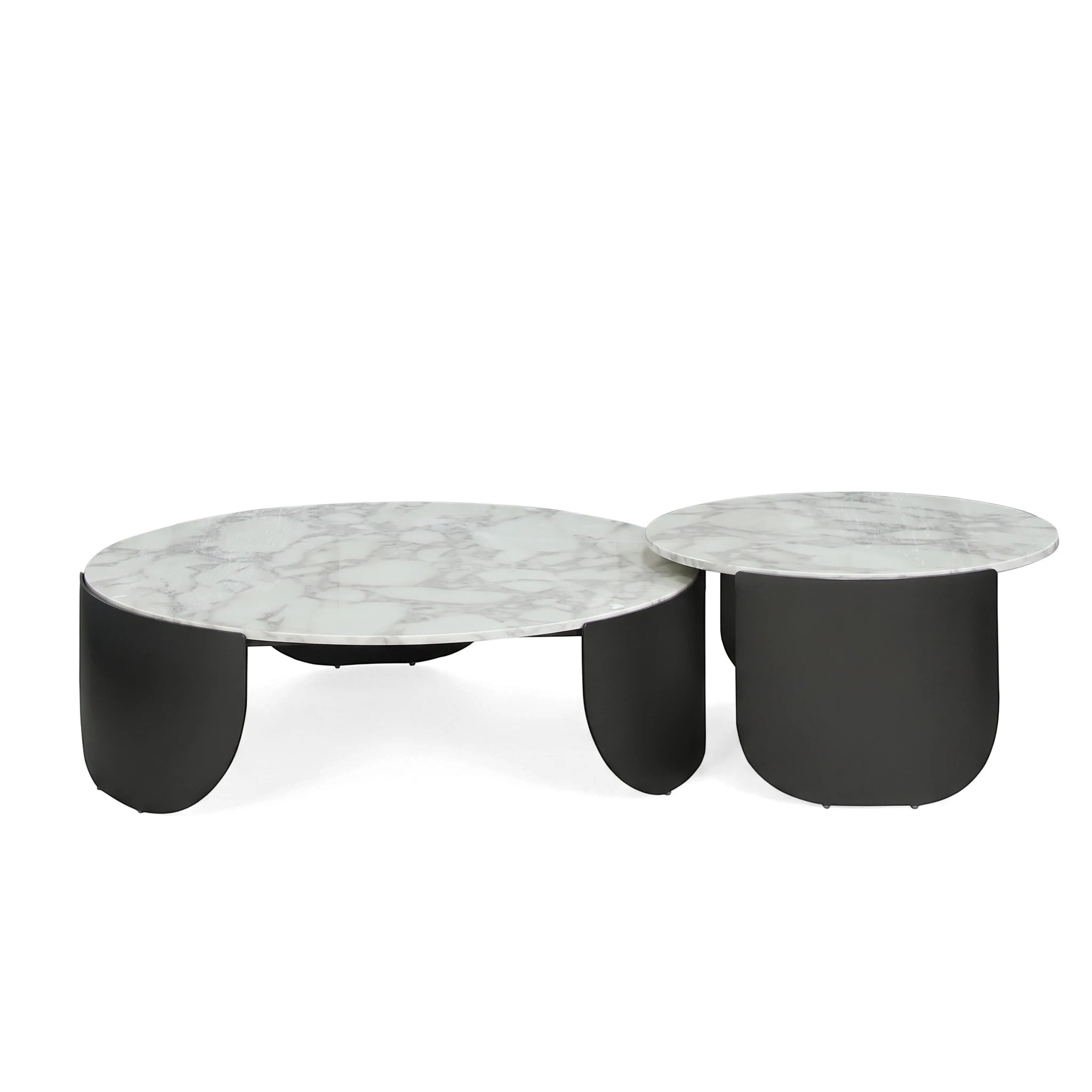 Modern two-piece Brittany coffee table set with white marble tops and dark curved bases on a white background.