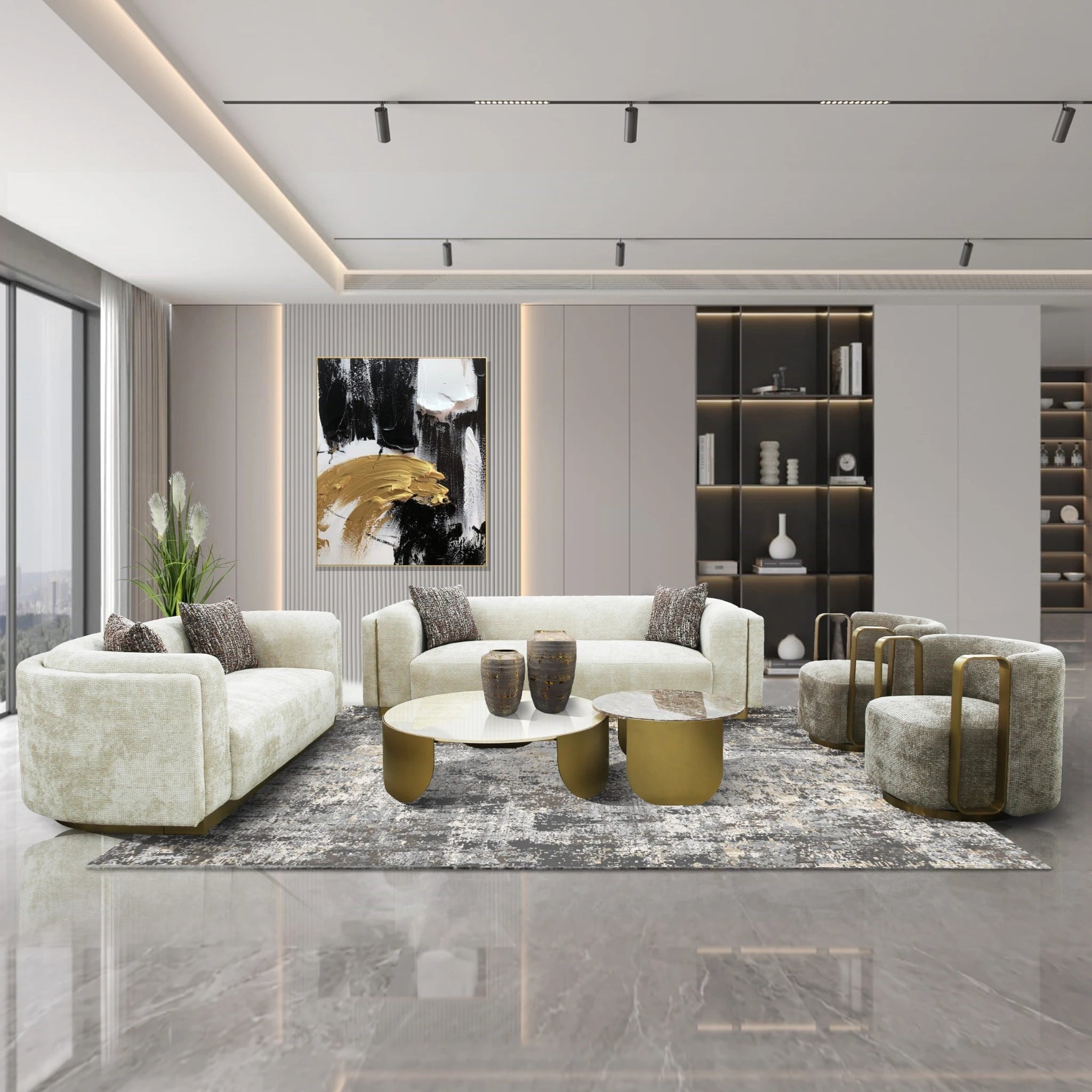 Brittany Coffee Table 2 Piece Set with white marble top and gold round bases in a modern living room.